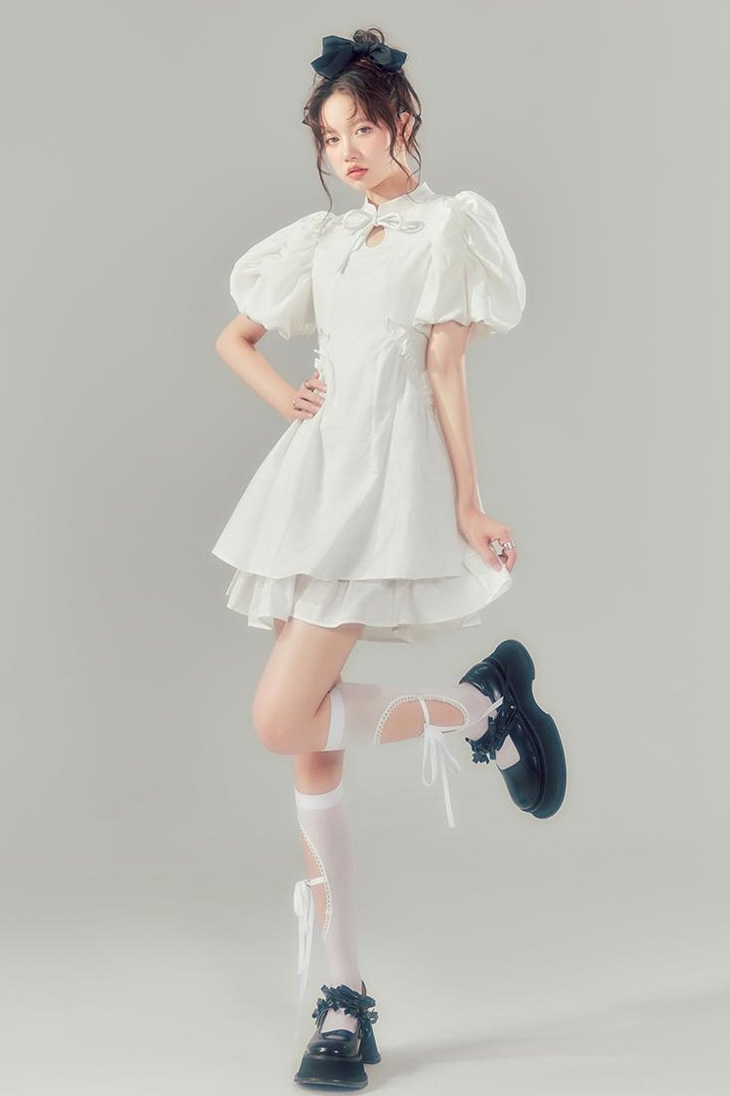 DIDDI MODA Elegant Qipao Bubble Sleeve Dress With Floral Jacquard And Ruffles