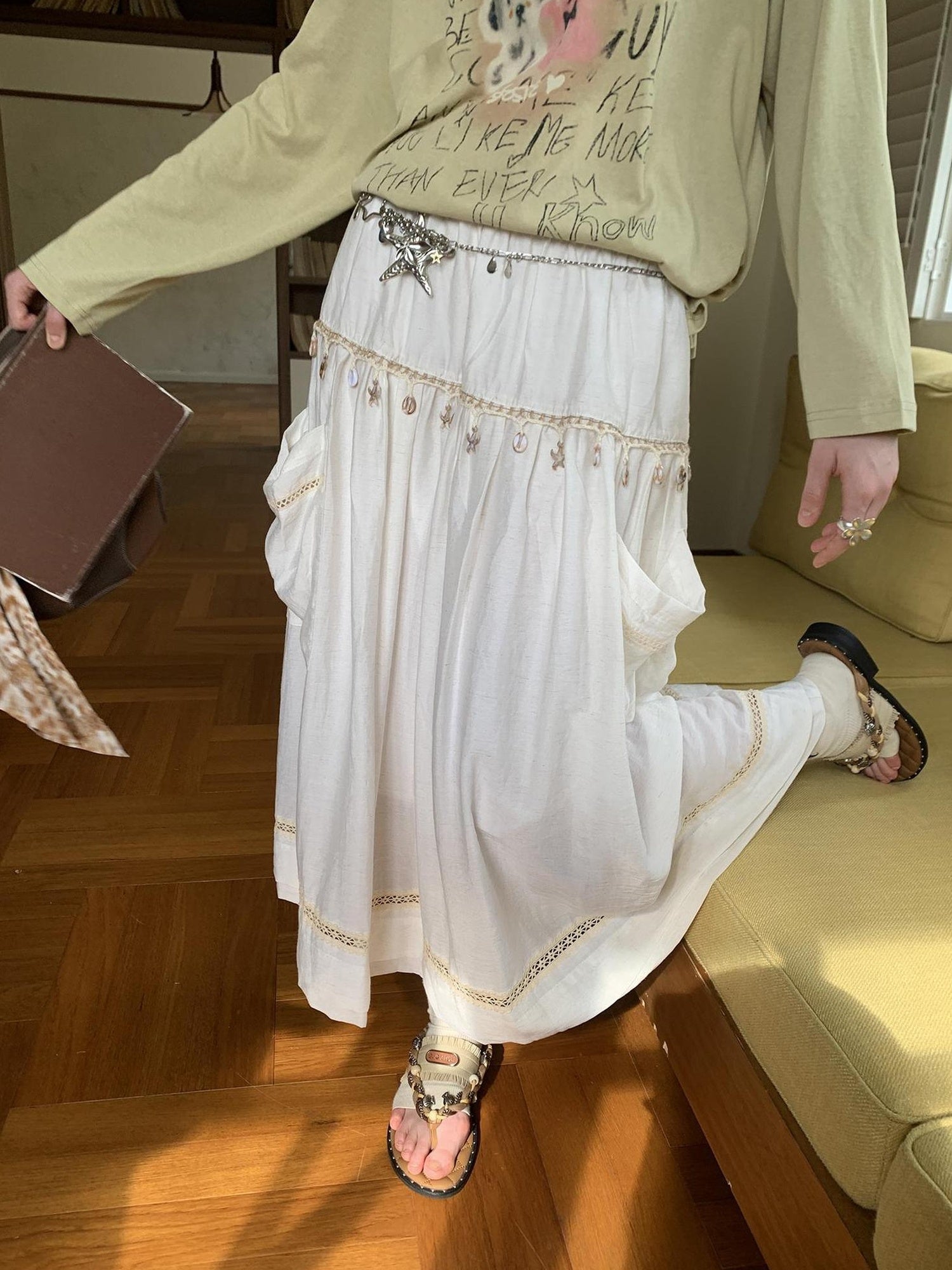 DIDDI MODA Elegant Shell Tie Puff Skirt With Pockets