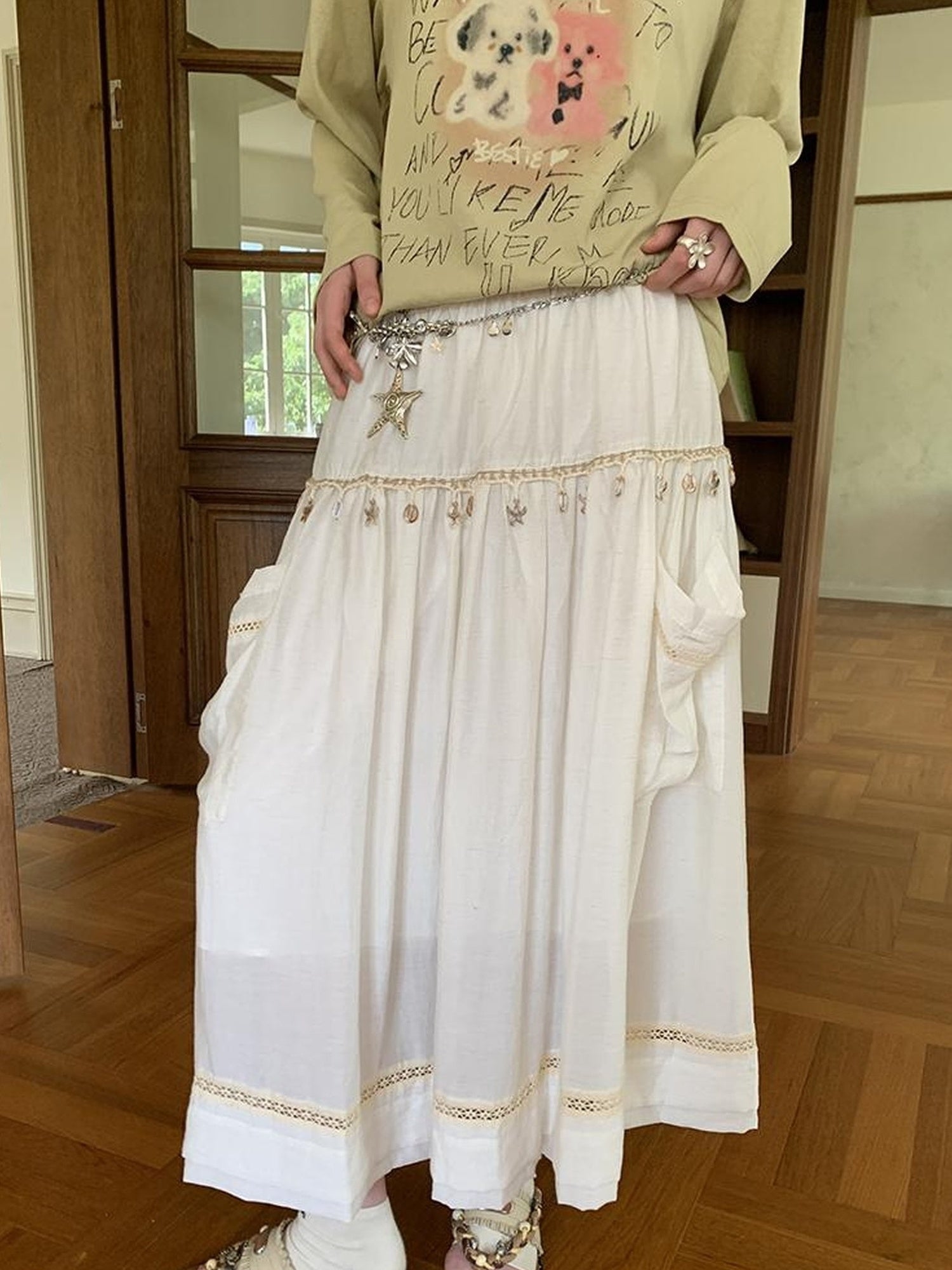 DIDDI MODA Elegant Shell Tie Puff Skirt With Pockets