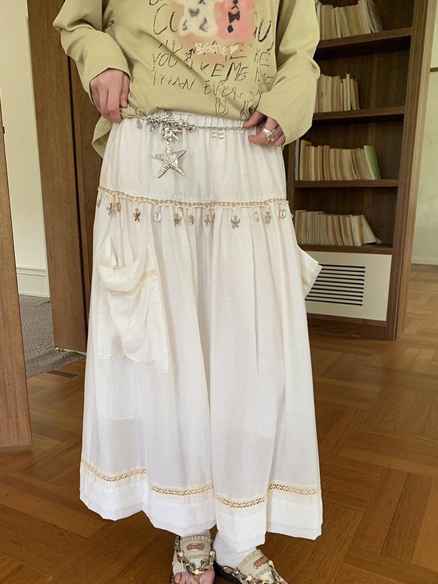 DIDDI MODA Elegant Shell Tie Puff Skirt With Pockets