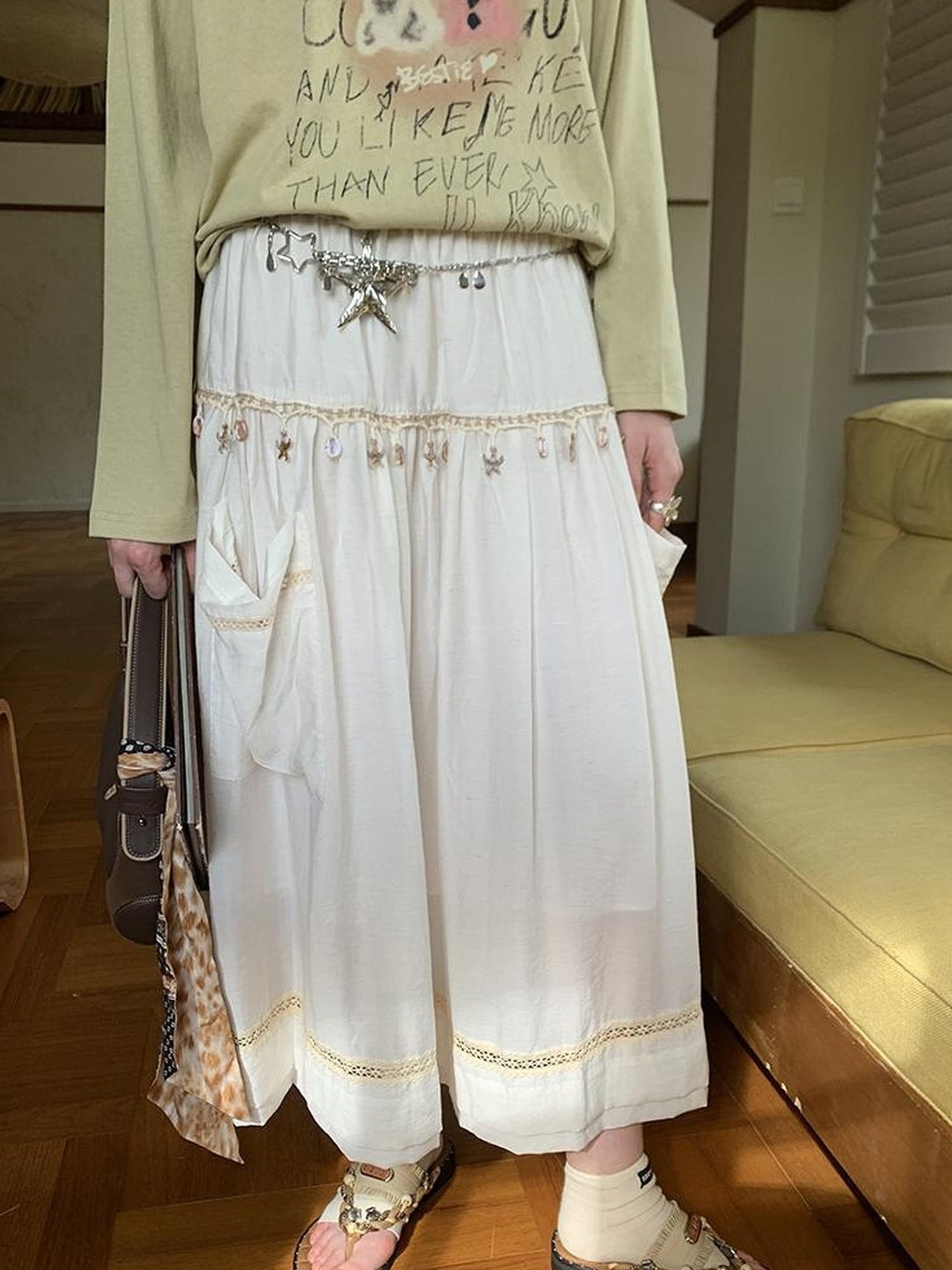 DIDDI MODA Elegant Shell Tie Puff Skirt With Pockets