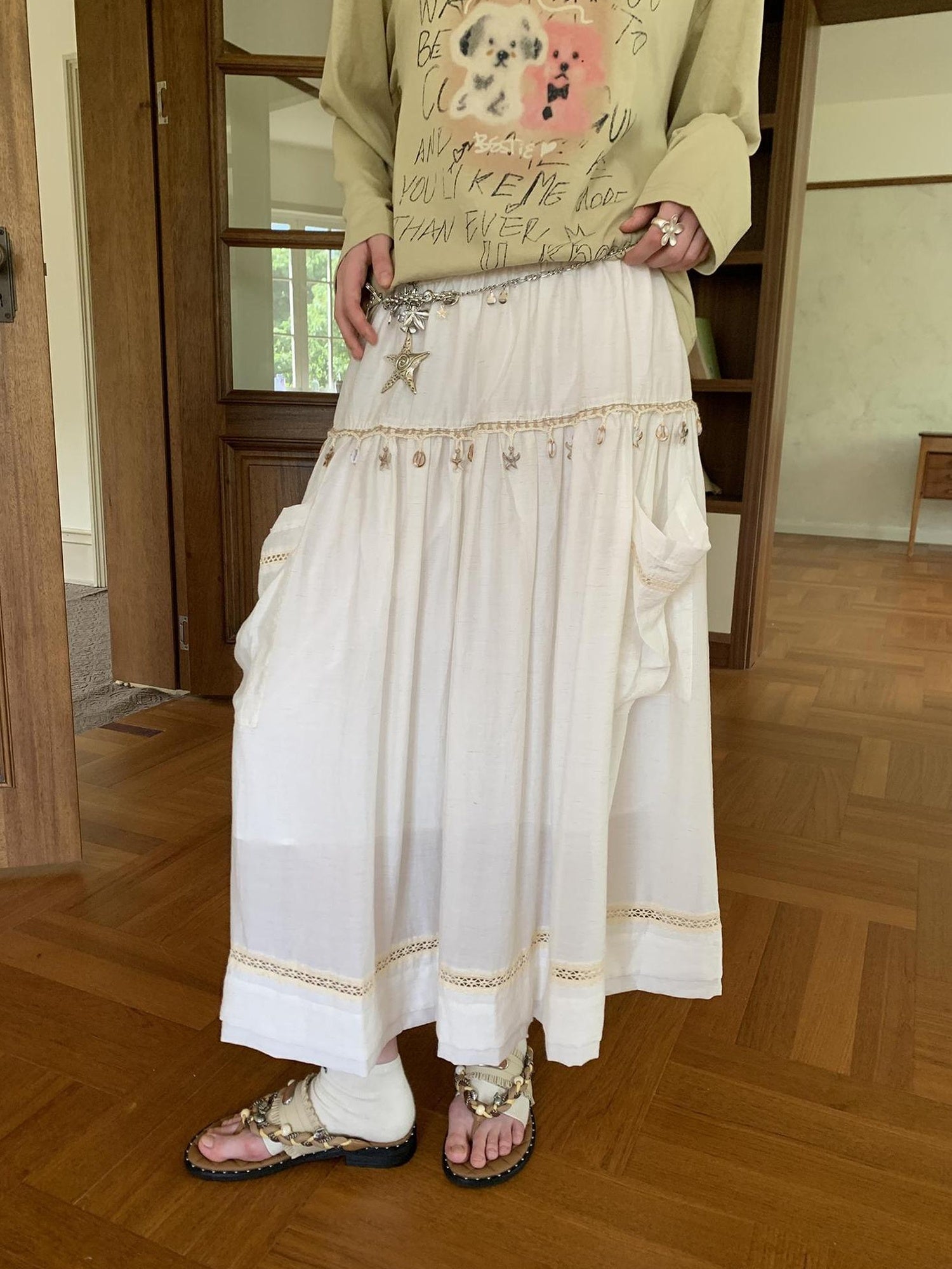 DIDDI MODA Elegant Shell Tie Puff Skirt With Pockets