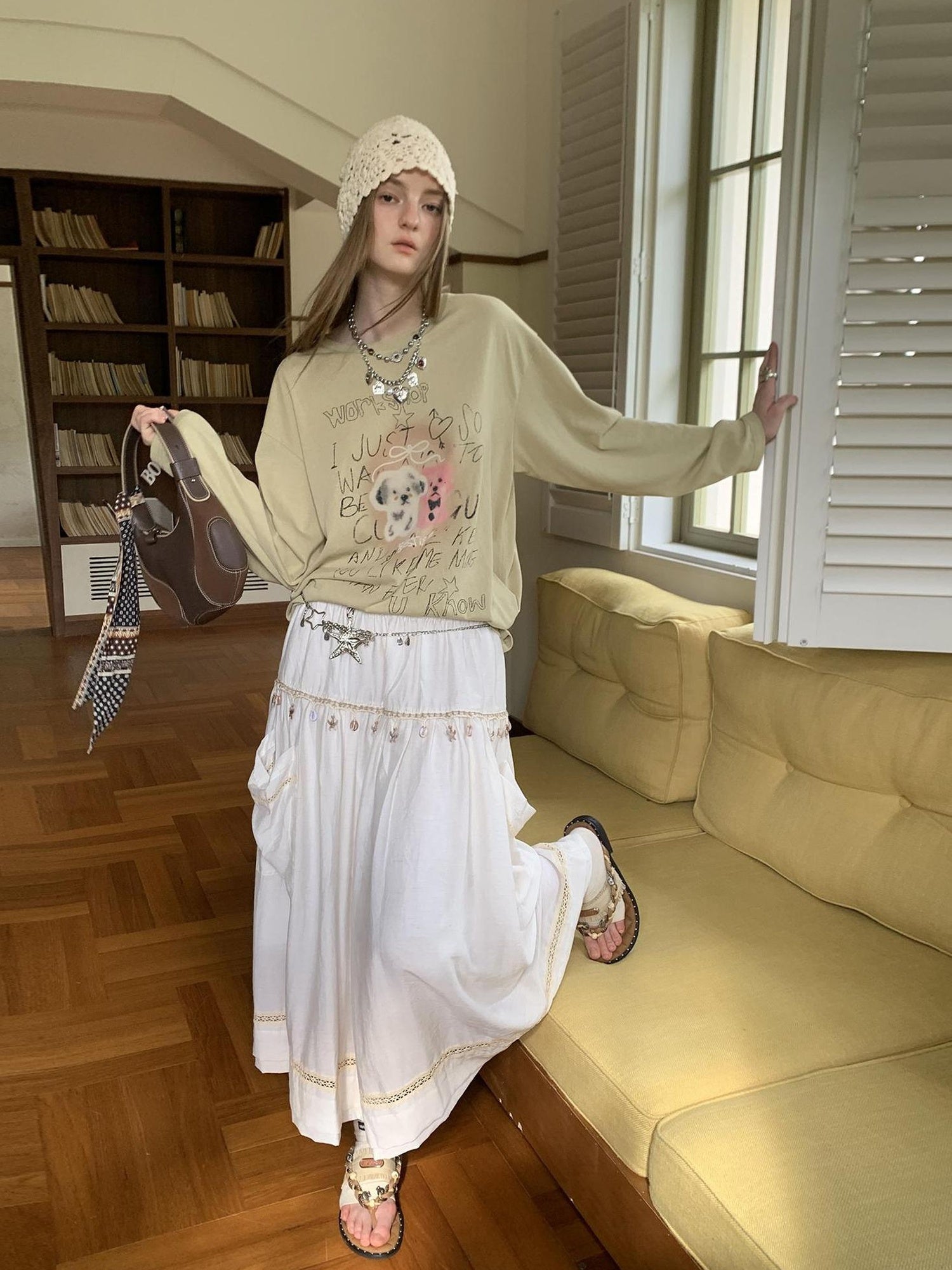 DIDDI MODA Elegant Shell Tie Puff Skirt With Pockets