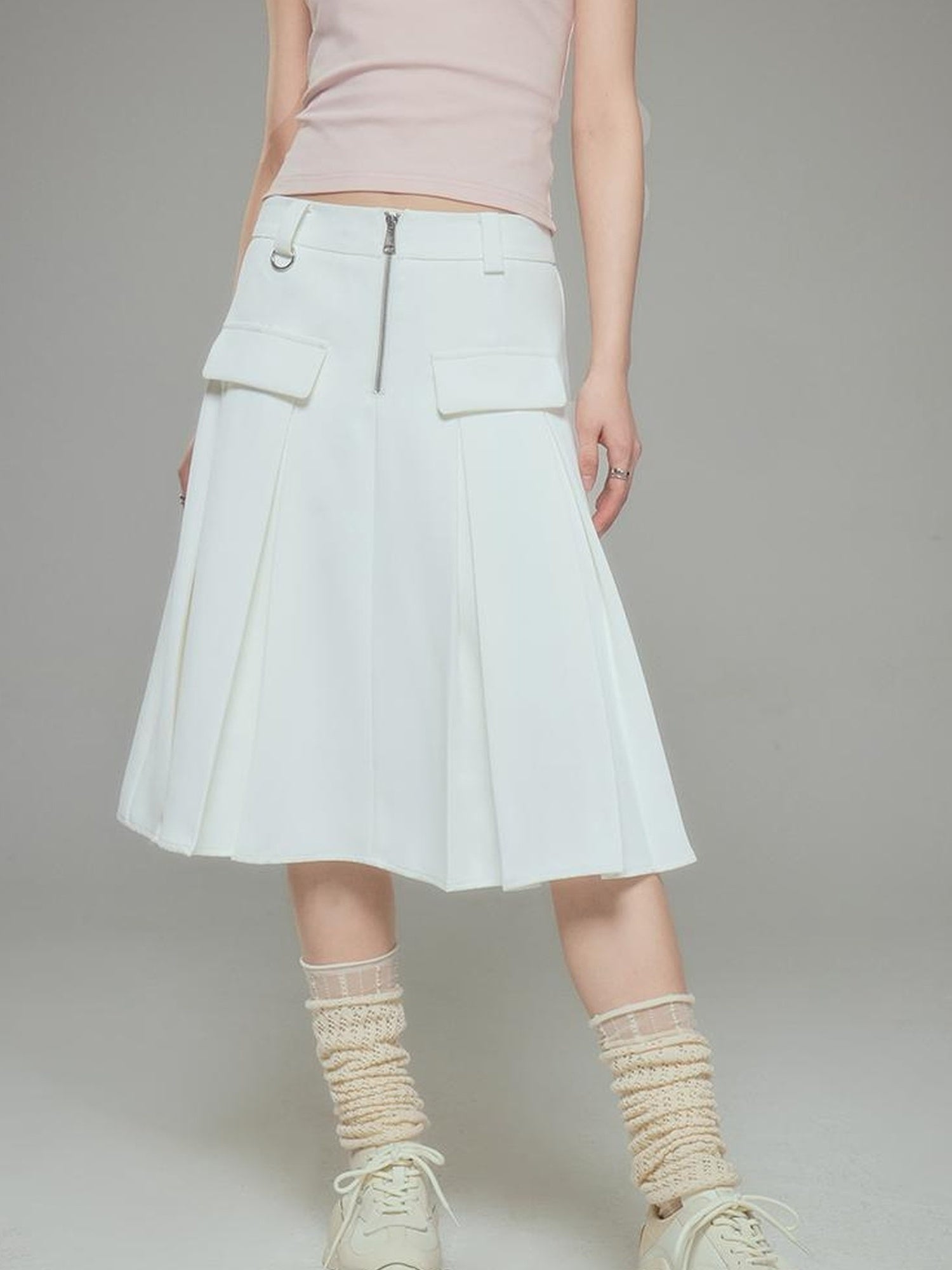 DIDDI MODA Elegant Silver Zip White Midi Pleated Skirt
