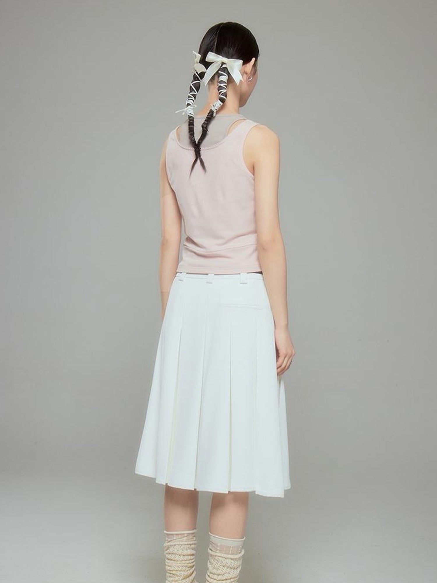 DIDDI MODA Elegant Silver Zip White Midi Pleated Skirt