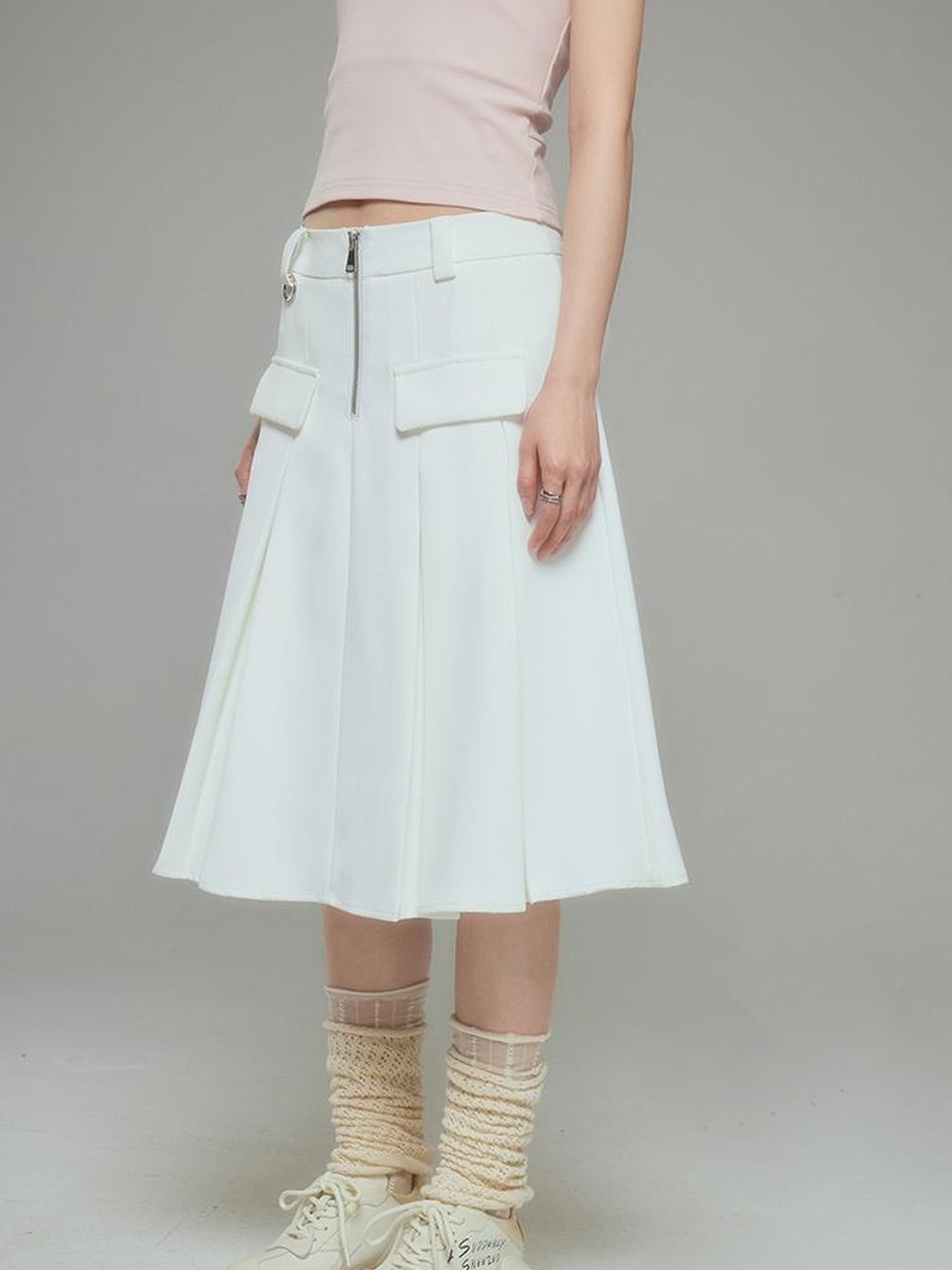 DIDDI MODA Elegant Silver Zip White Midi Pleated Skirt