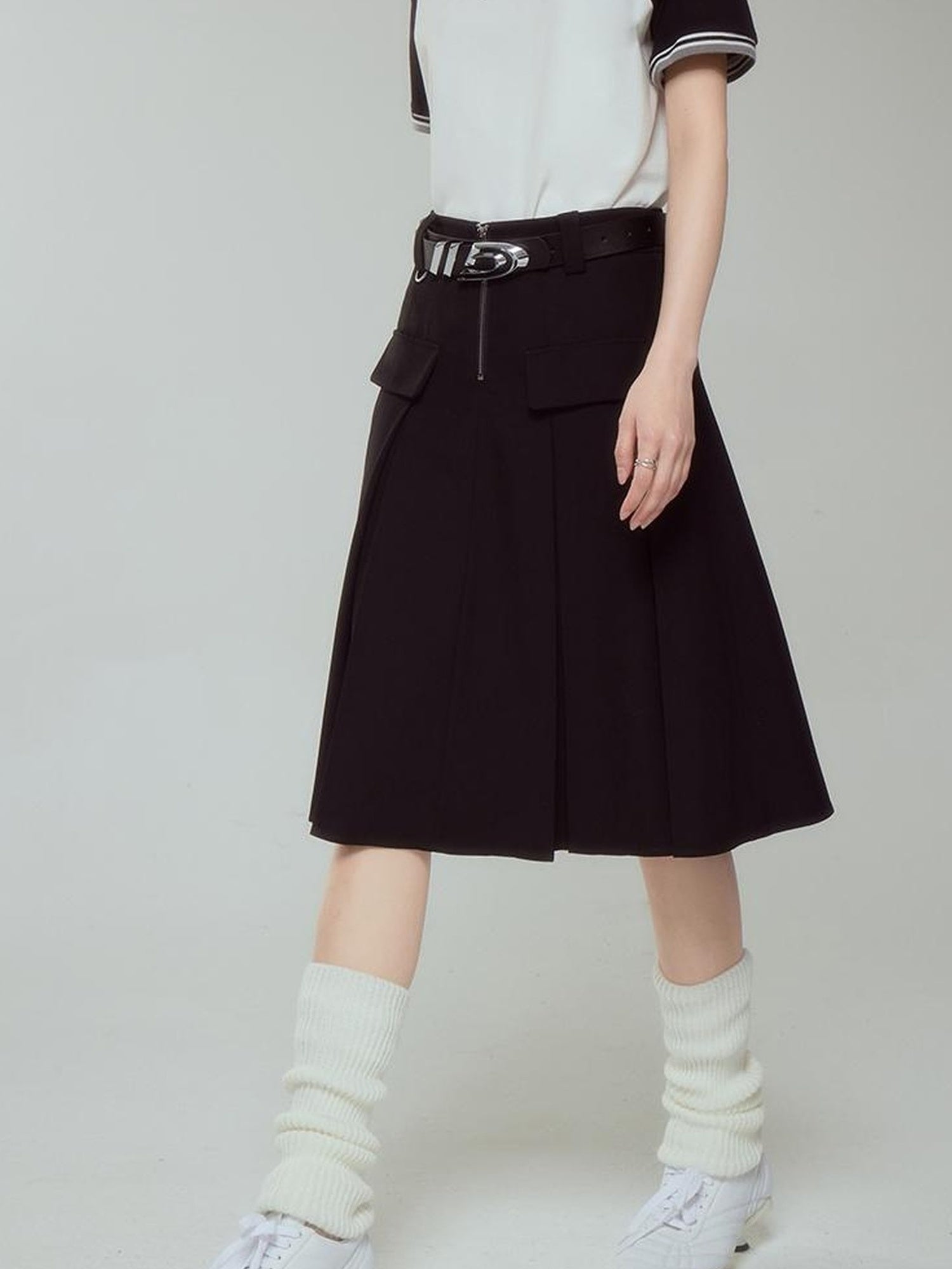 DIDDI MODA Elegant Silver Zip White Midi Pleated Skirt