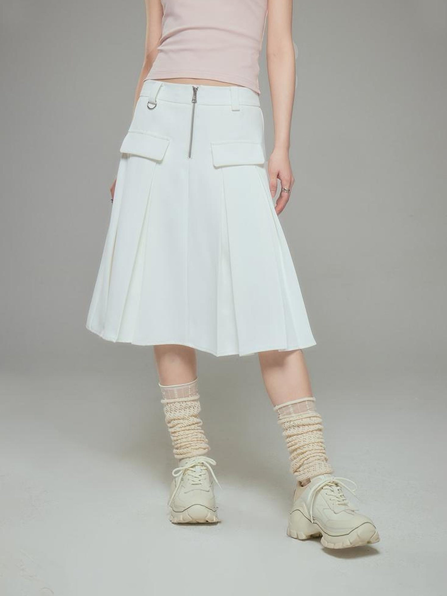 DIDDI MODA Elegant Silver Zip White Midi Pleated Skirt