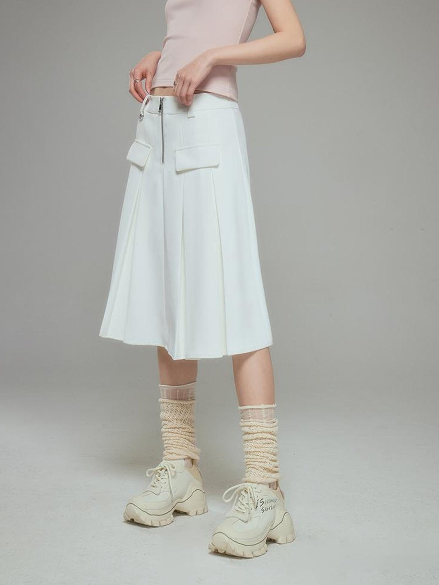 DIDDI MODA Elegant Silver Zip White Midi Pleated Skirt