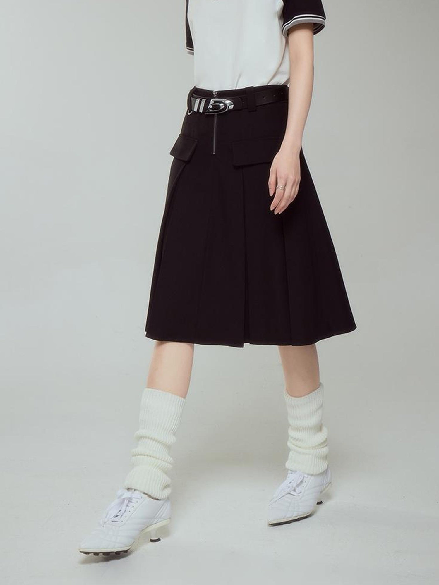 DIDDI MODA Elegant Silver Zip White Midi Pleated Skirt