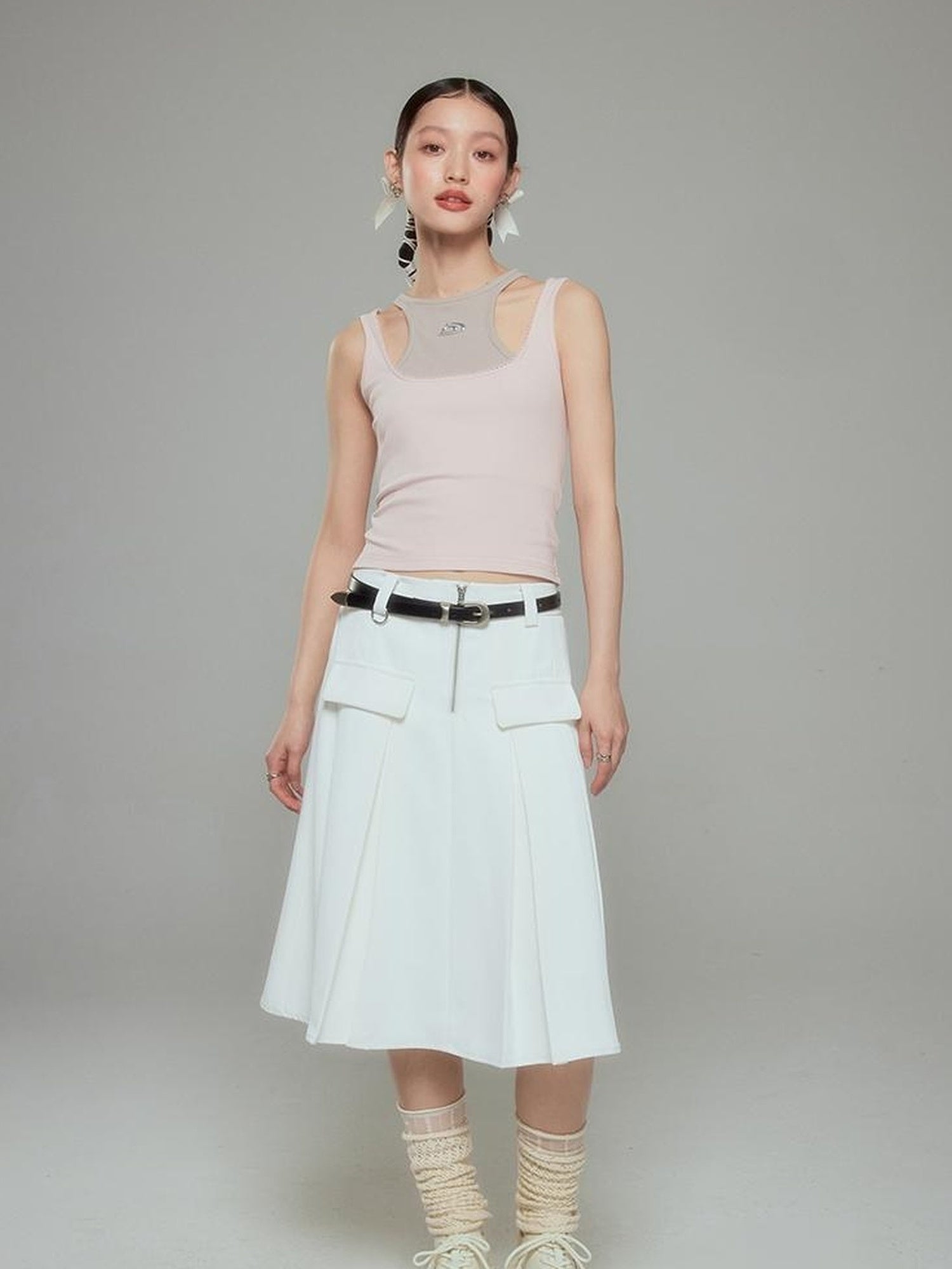 DIDDI MODA Elegant Silver Zip White Midi Pleated Skirt