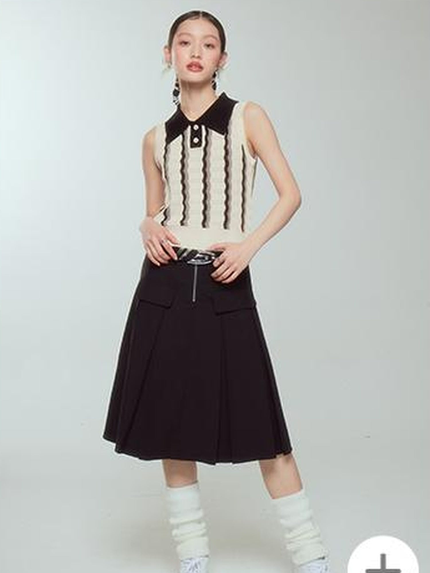 DIDDI MODA Elegant Silver Zip White Midi Pleated Skirt