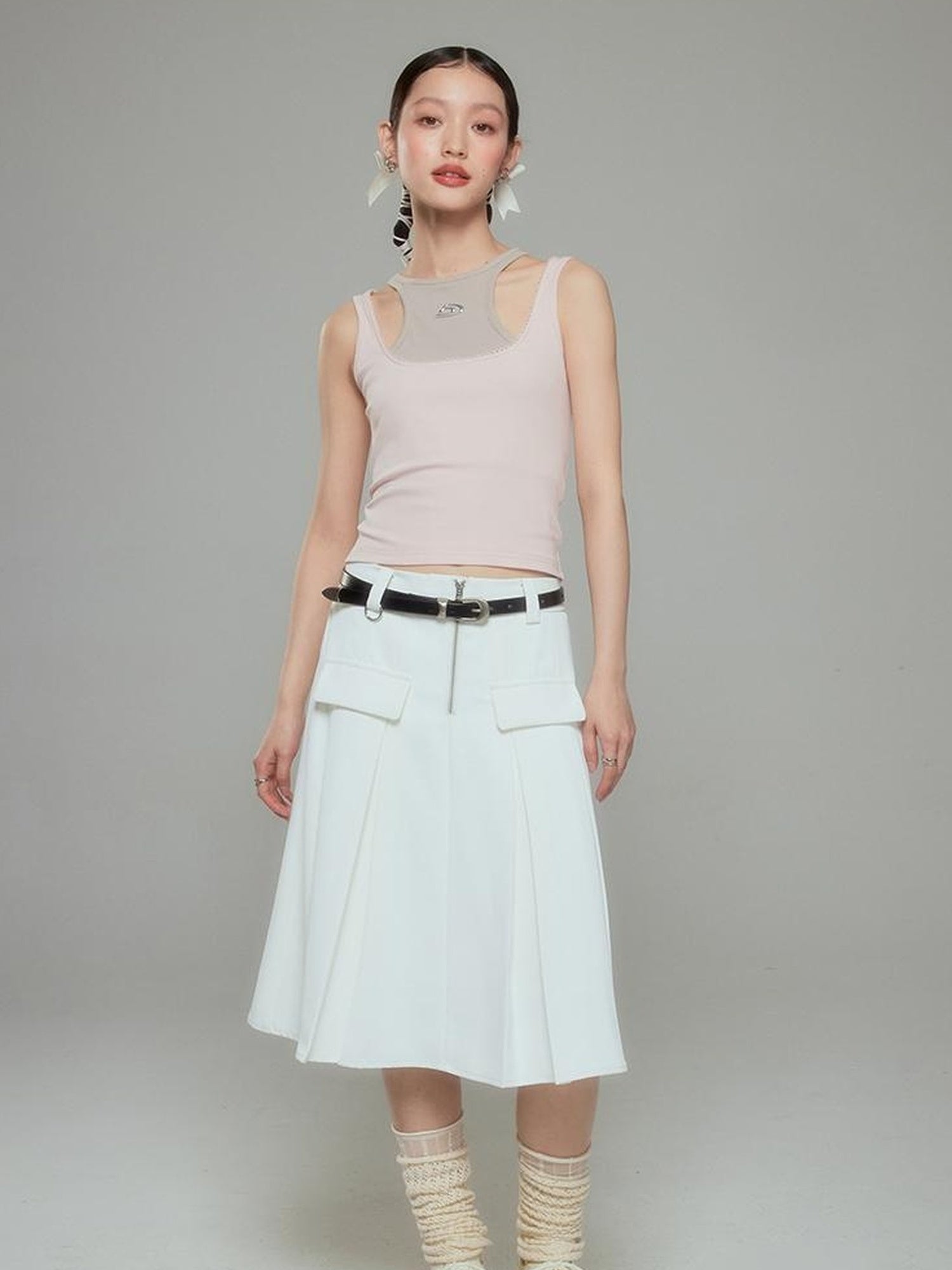 DIDDI MODA Elegant Silver Zip White Midi Pleated Skirt