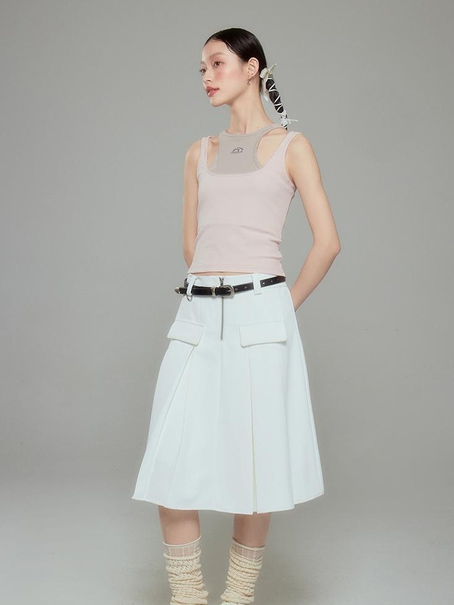 DIDDI MODA Elegant Silver Zip White Midi Pleated Skirt