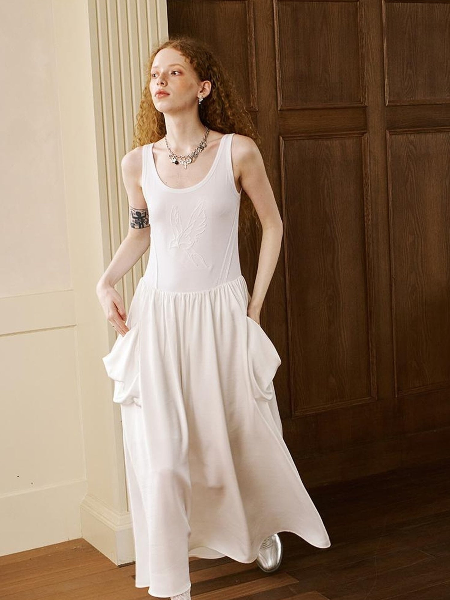 DIDDI MODA Elegant Swallow Embroidered A Line Dress With Pockets