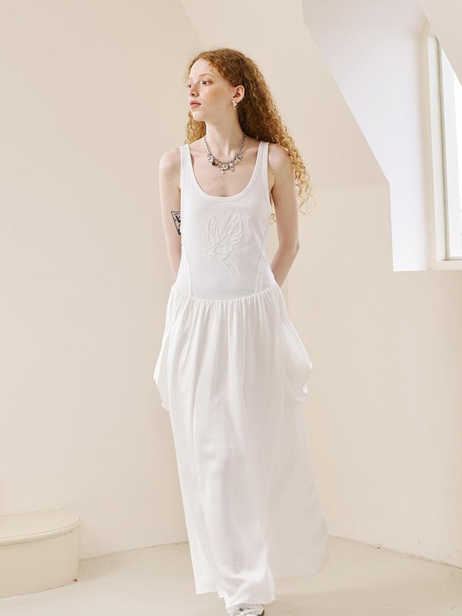 DIDDI MODA Elegant Swallow Embroidered A Line Dress With Pockets