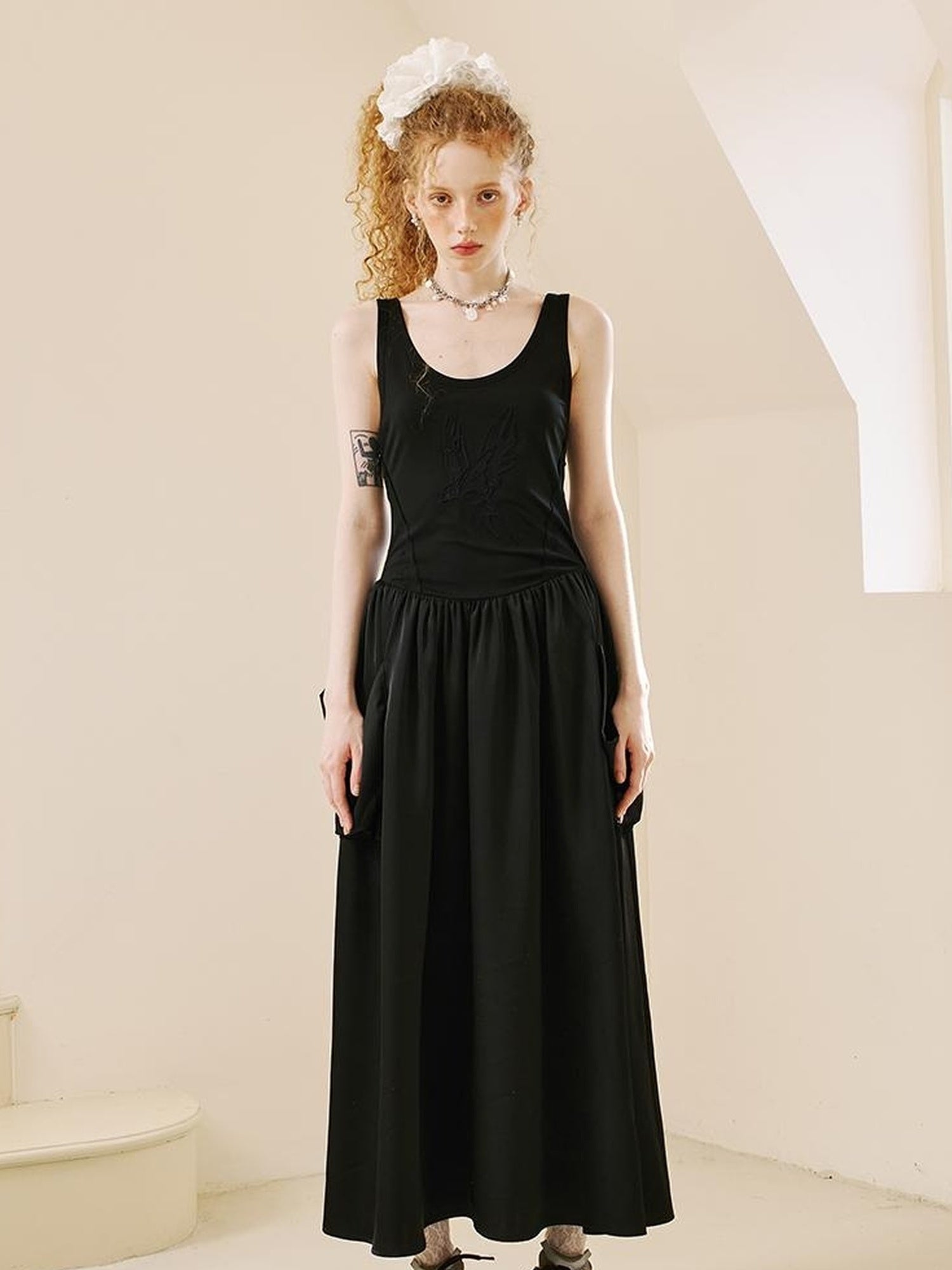 DIDDI MODA Elegant Swallow Embroidered A Line Dress With Pockets