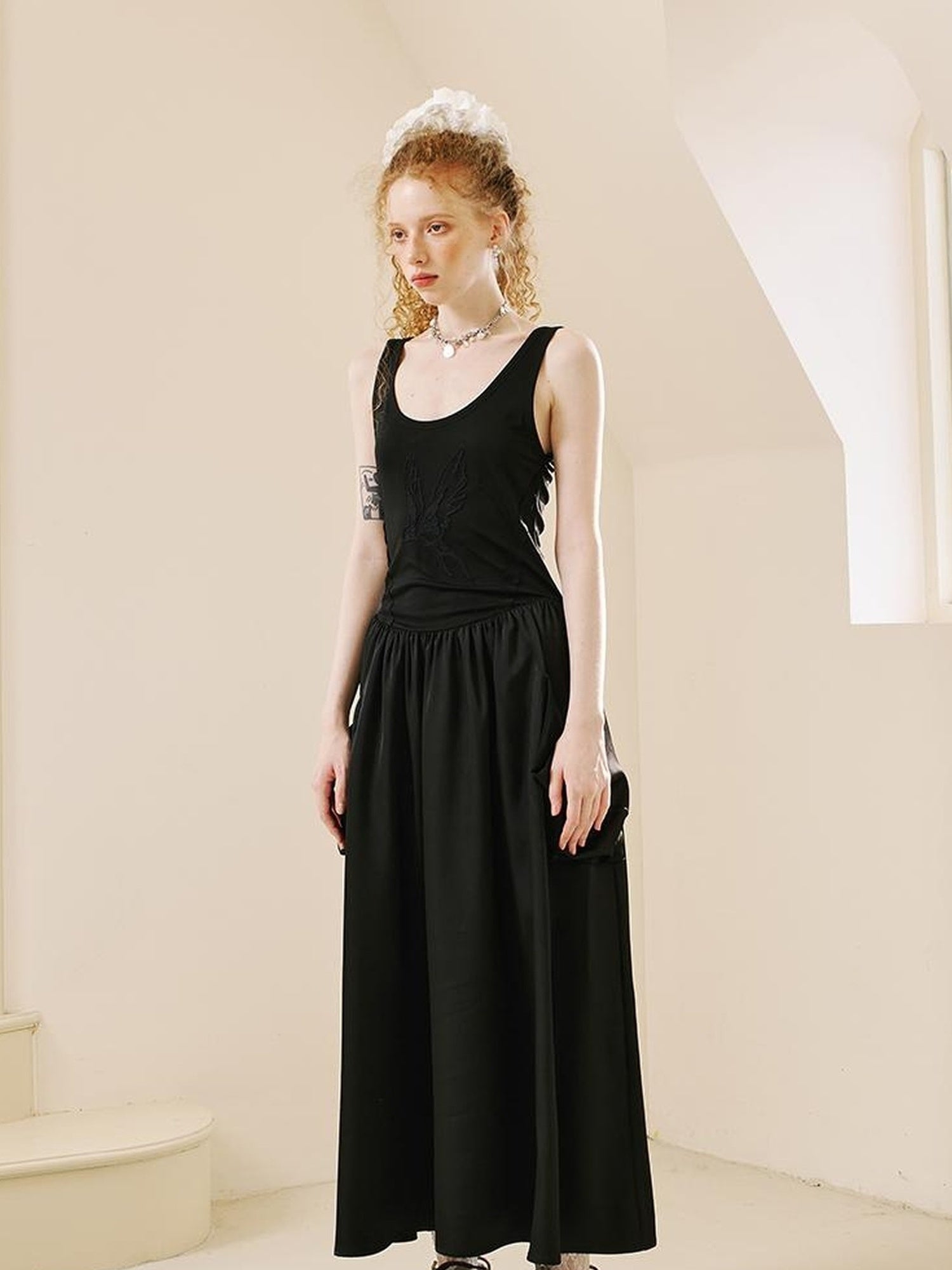 DIDDI MODA Elegant Swallow Embroidered A Line Dress With Pockets