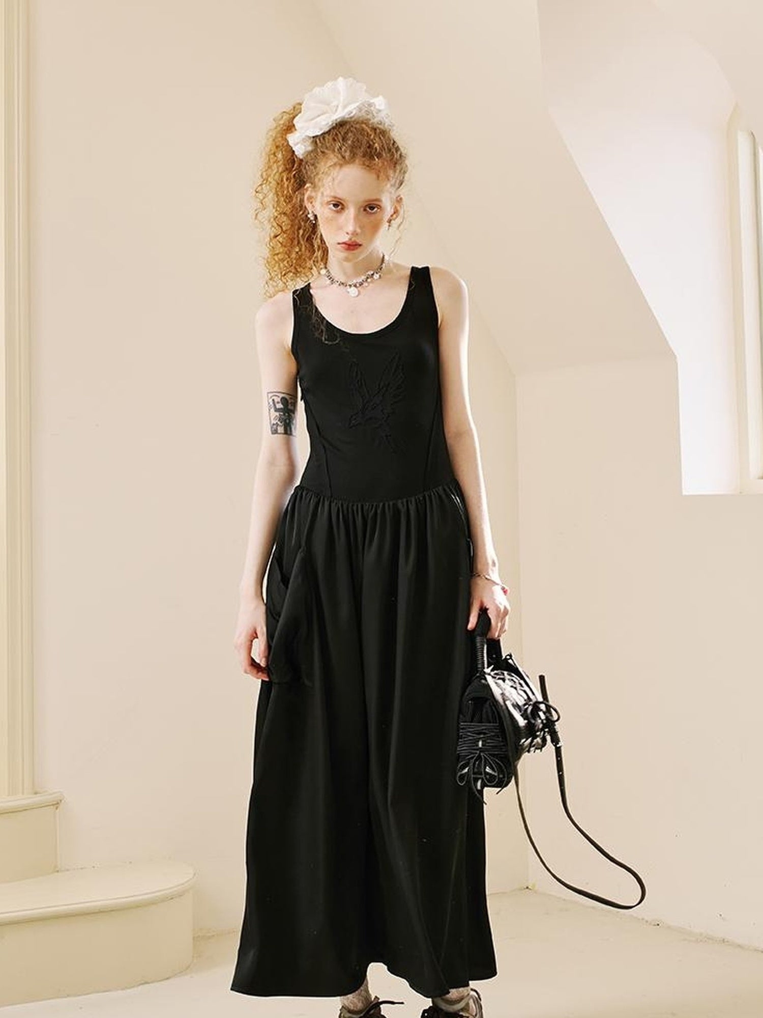 DIDDI MODA Elegant Swallow Embroidered A Line Dress With Pockets