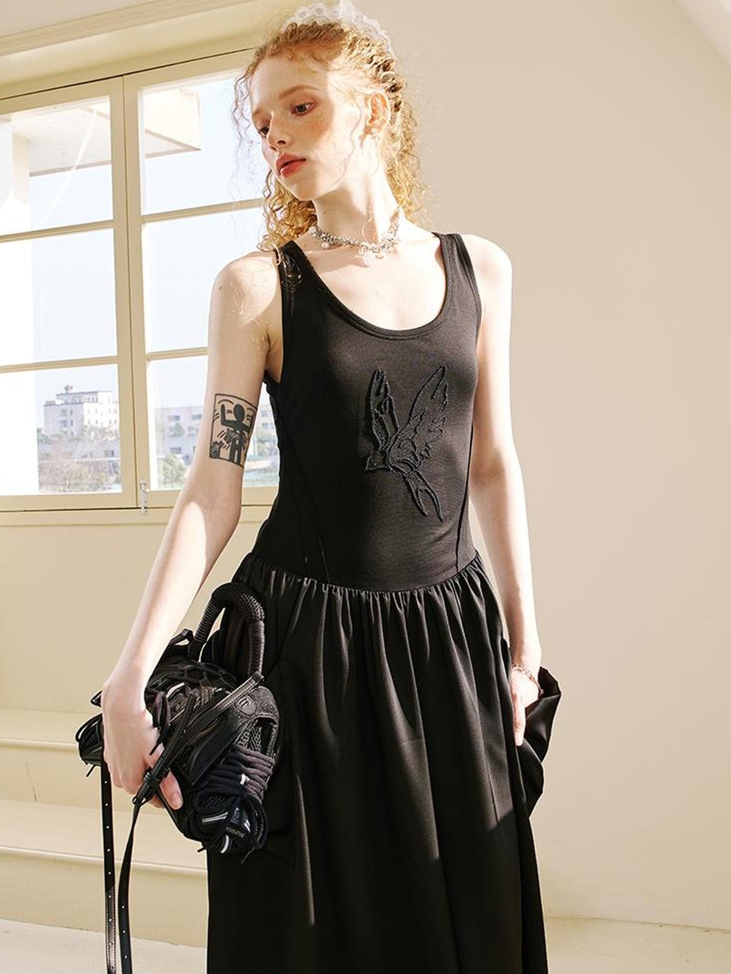 DIDDI MODA Elegant Swallow Embroidered A Line Dress With Pockets