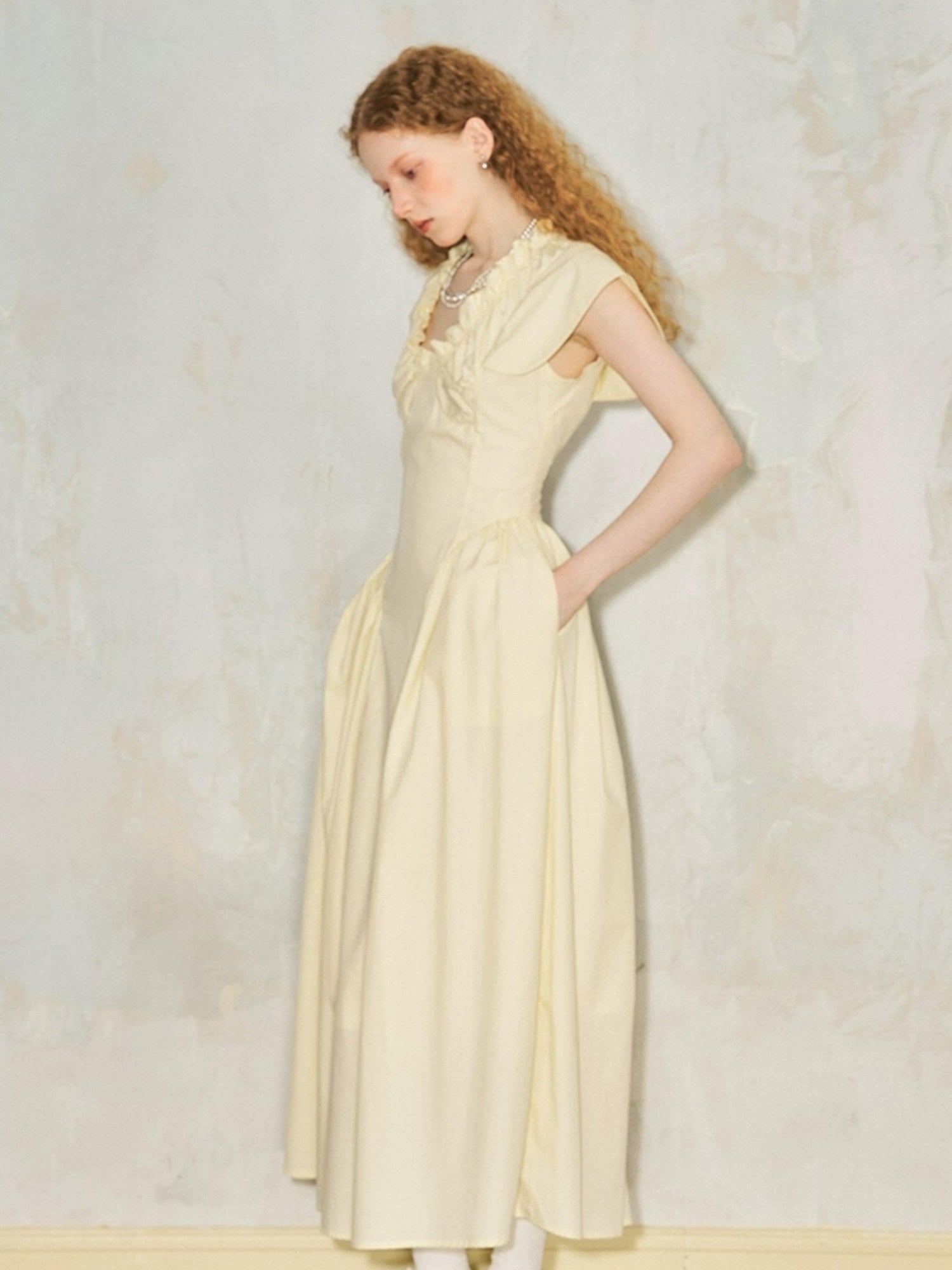 DIDDI MODA Elegant Sweet V Neck Flutter Sleeve Smocked Waist Maxi Dress