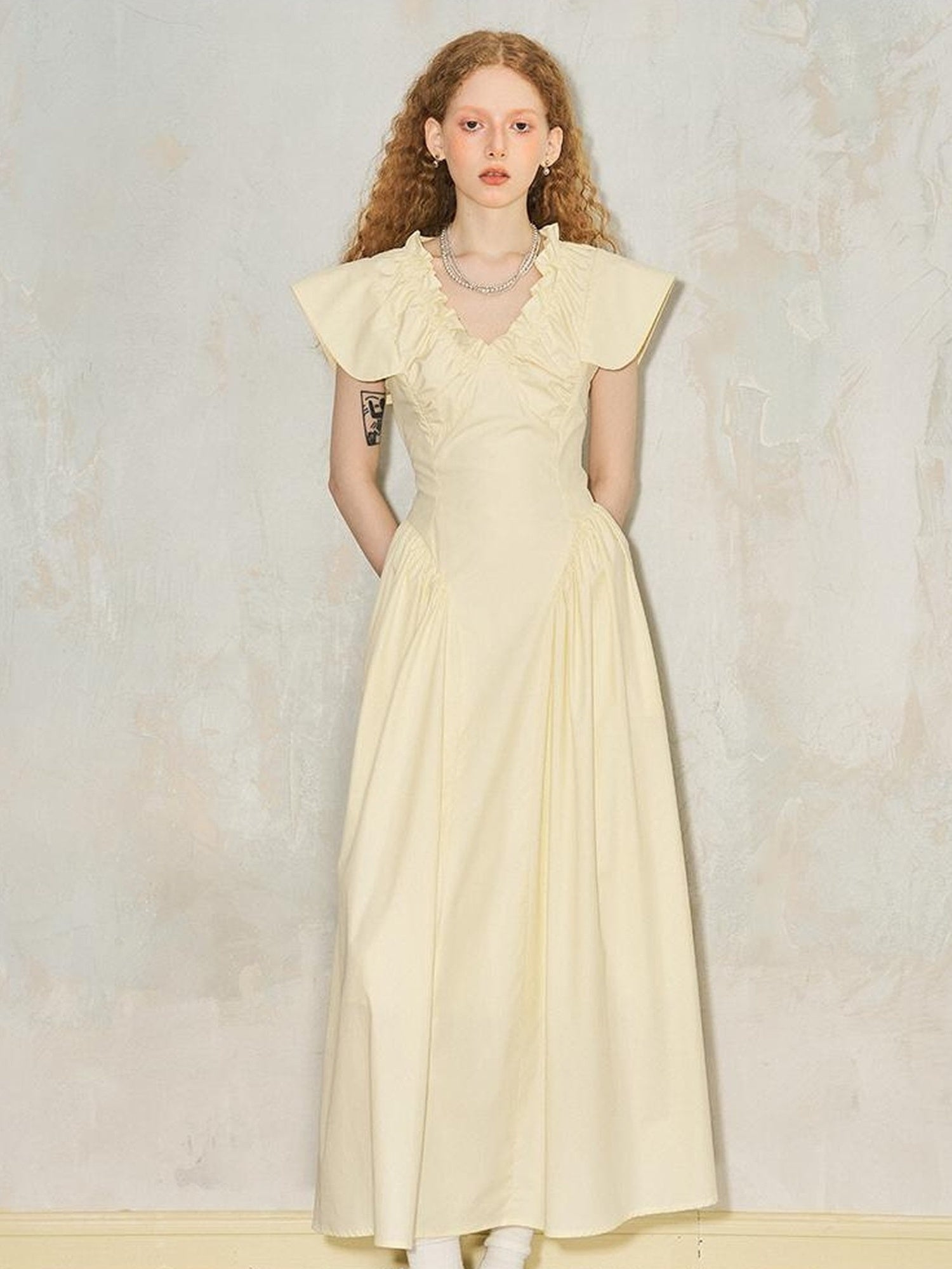 DIDDI MODA Elegant Sweet V Neck Flutter Sleeve Smocked Waist Maxi Dress