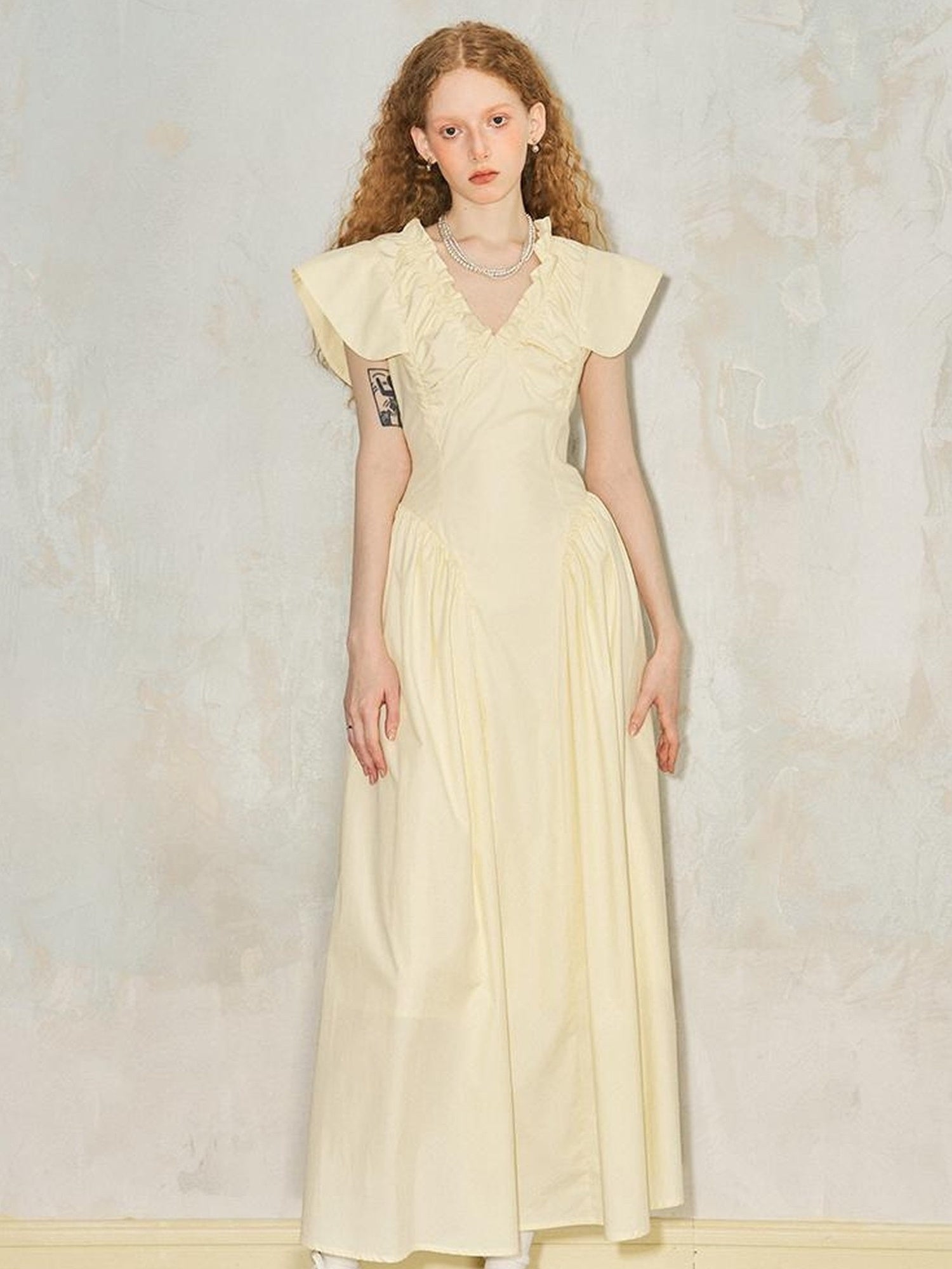 DIDDI MODA Elegant Sweet V Neck Flutter Sleeve Smocked Waist Maxi Dress