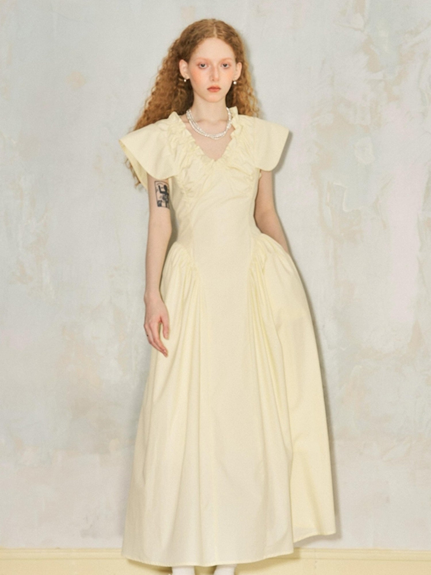 DIDDI MODA Elegant Sweet V Neck Flutter Sleeve Smocked Waist Maxi Dress