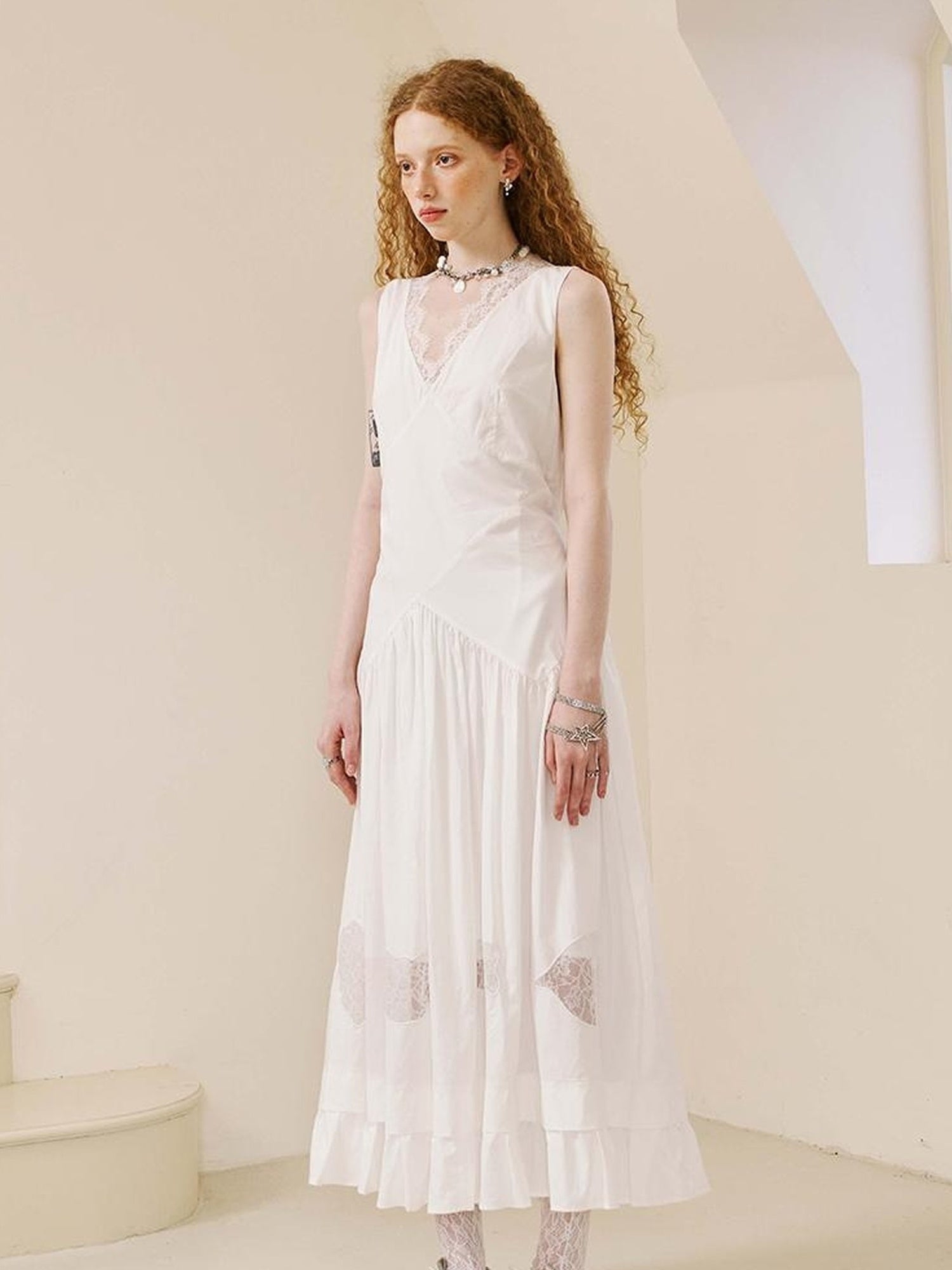 DIDDI MODA Elegant V Neck Lace Trimmed Sheer Maxi Dress