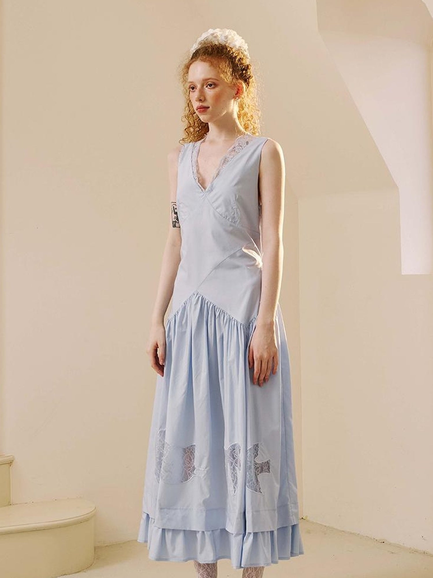 DIDDI MODA Elegant V Neck Lace Trimmed Sheer Maxi Dress