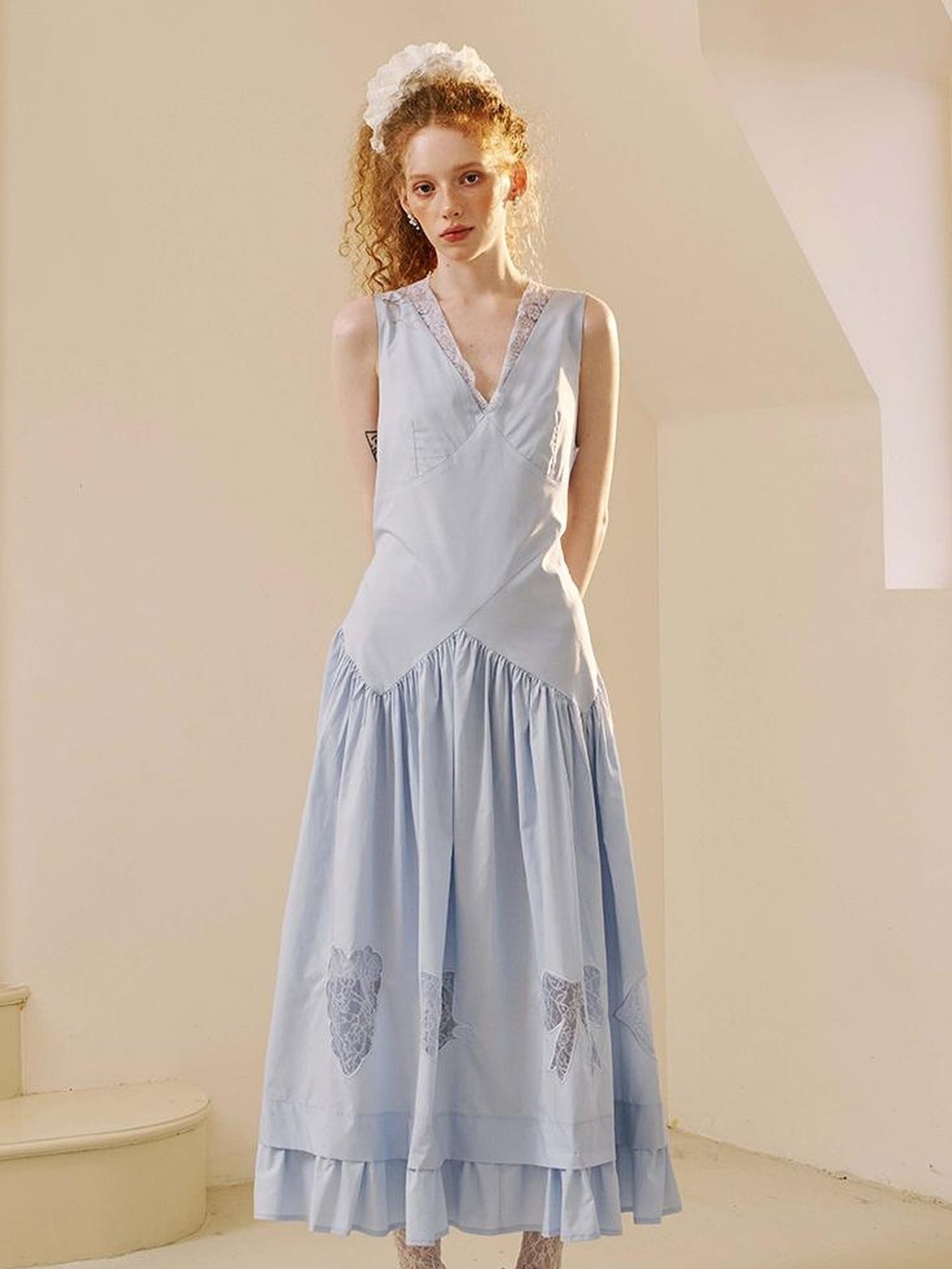 DIDDI MODA Elegant V Neck Lace Trimmed Sheer Maxi Dress