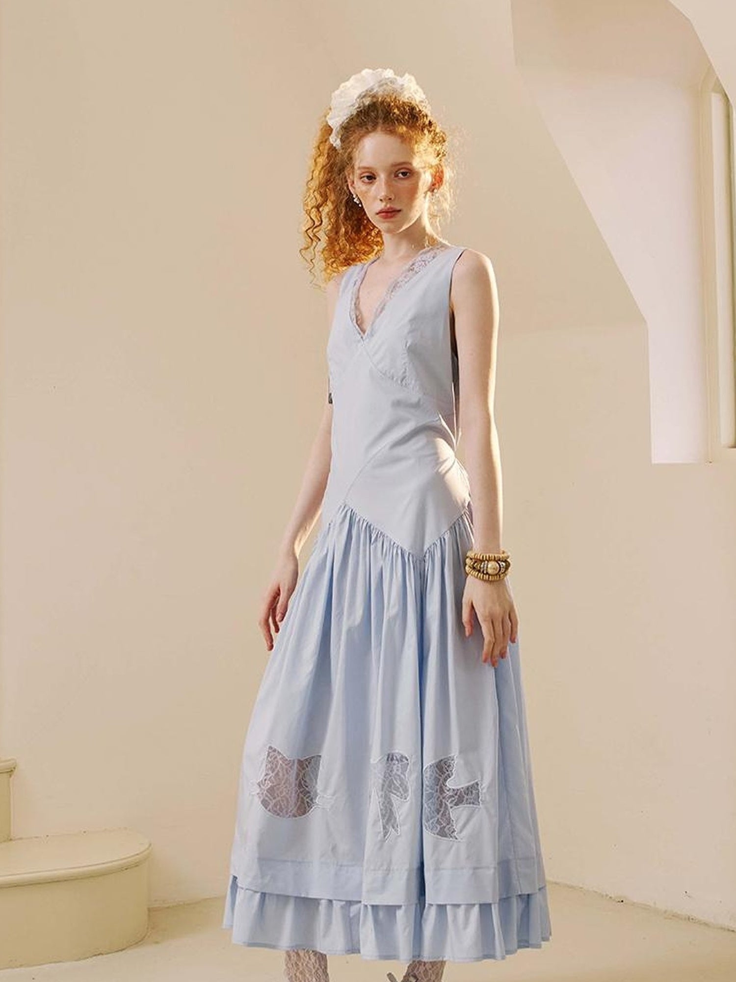 DIDDI MODA Elegant V Neck Lace Trimmed Sheer Maxi Dress