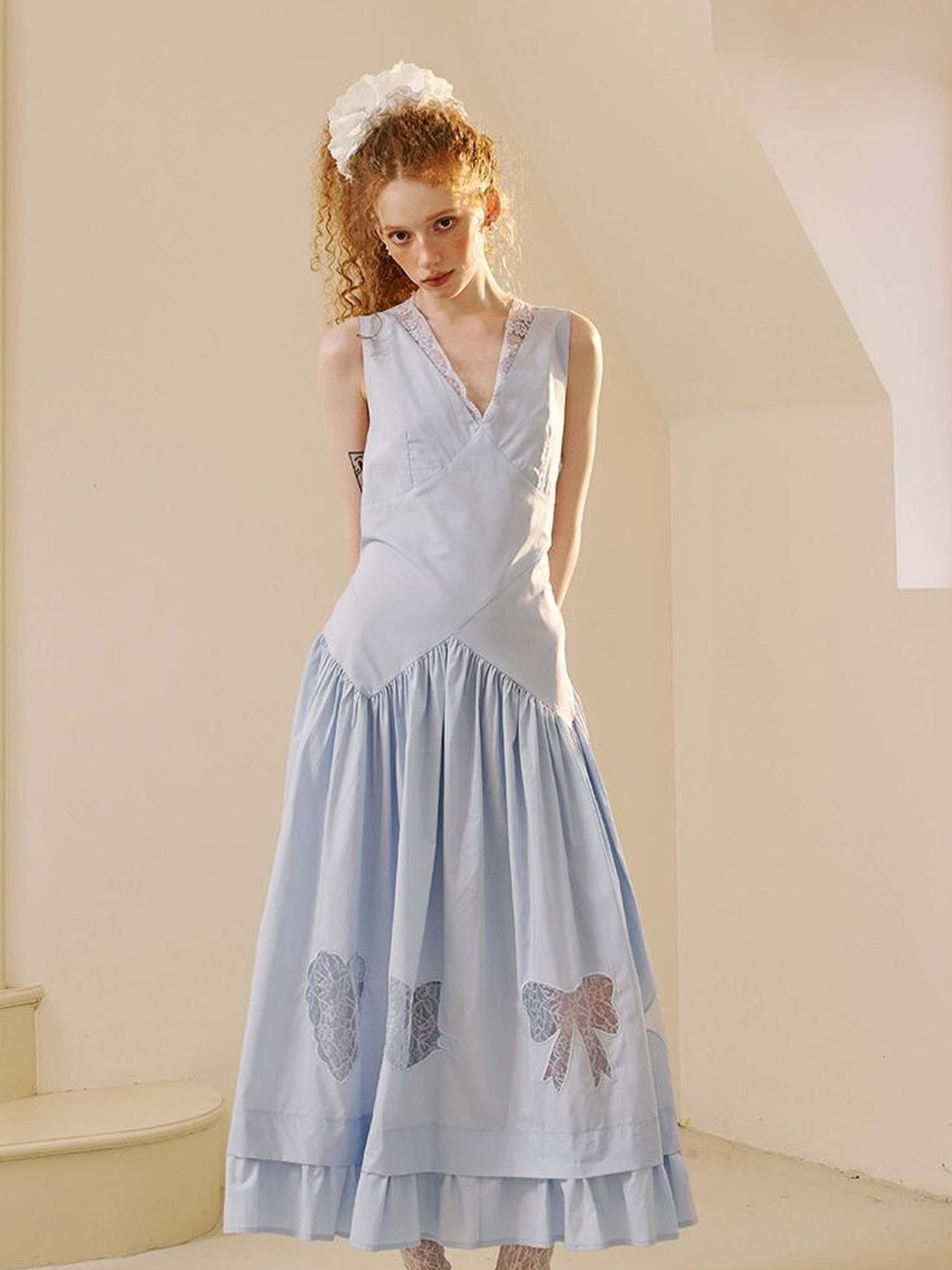 DIDDI MODA Elegant V Neck Lace Trimmed Sheer Maxi Dress