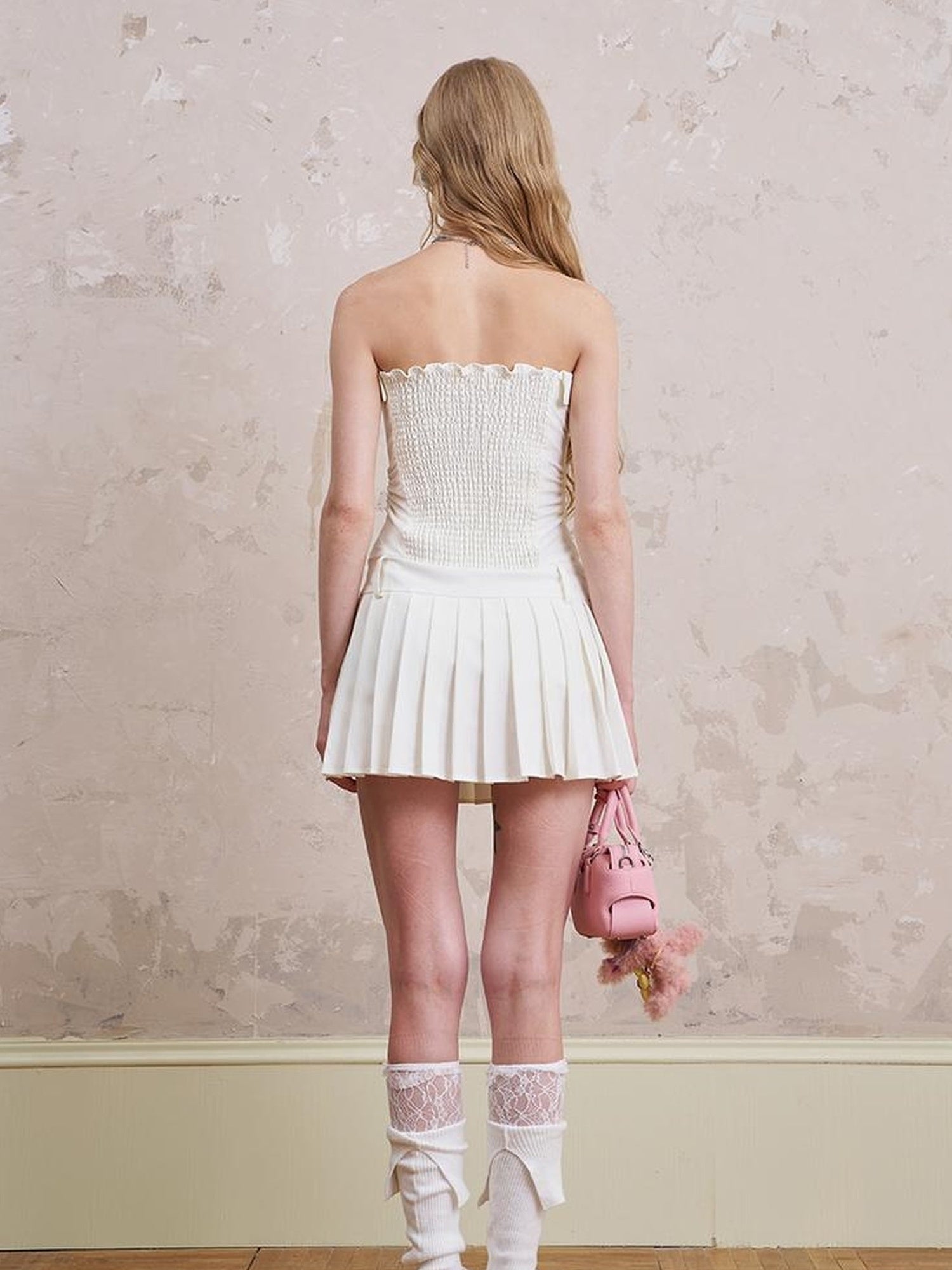 DIDDI MODA Embroidered Fringe Striped Bustier Dress With Ruffled Waist