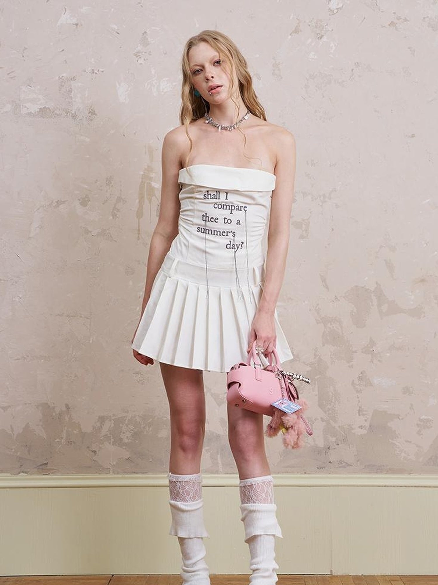 DIDDI MODA Embroidered Fringe Striped Bustier Dress With Ruffled Waist