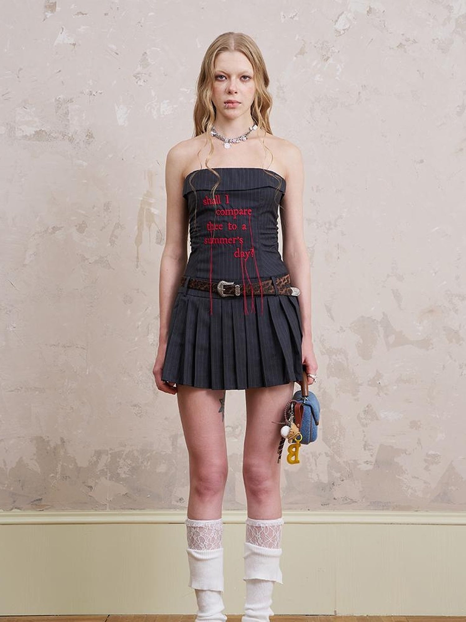 DIDDI MODA Embroidered Fringe Striped Bustier Dress With Ruffled Waist