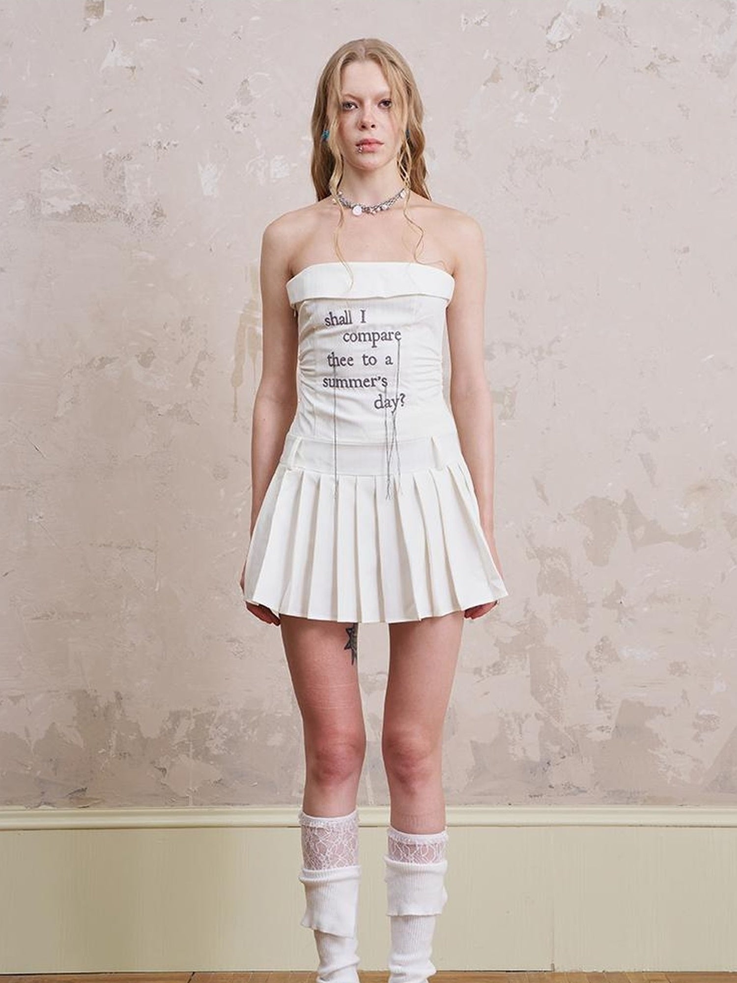 DIDDI MODA Embroidered Fringe Striped Bustier Dress With Ruffled Waist