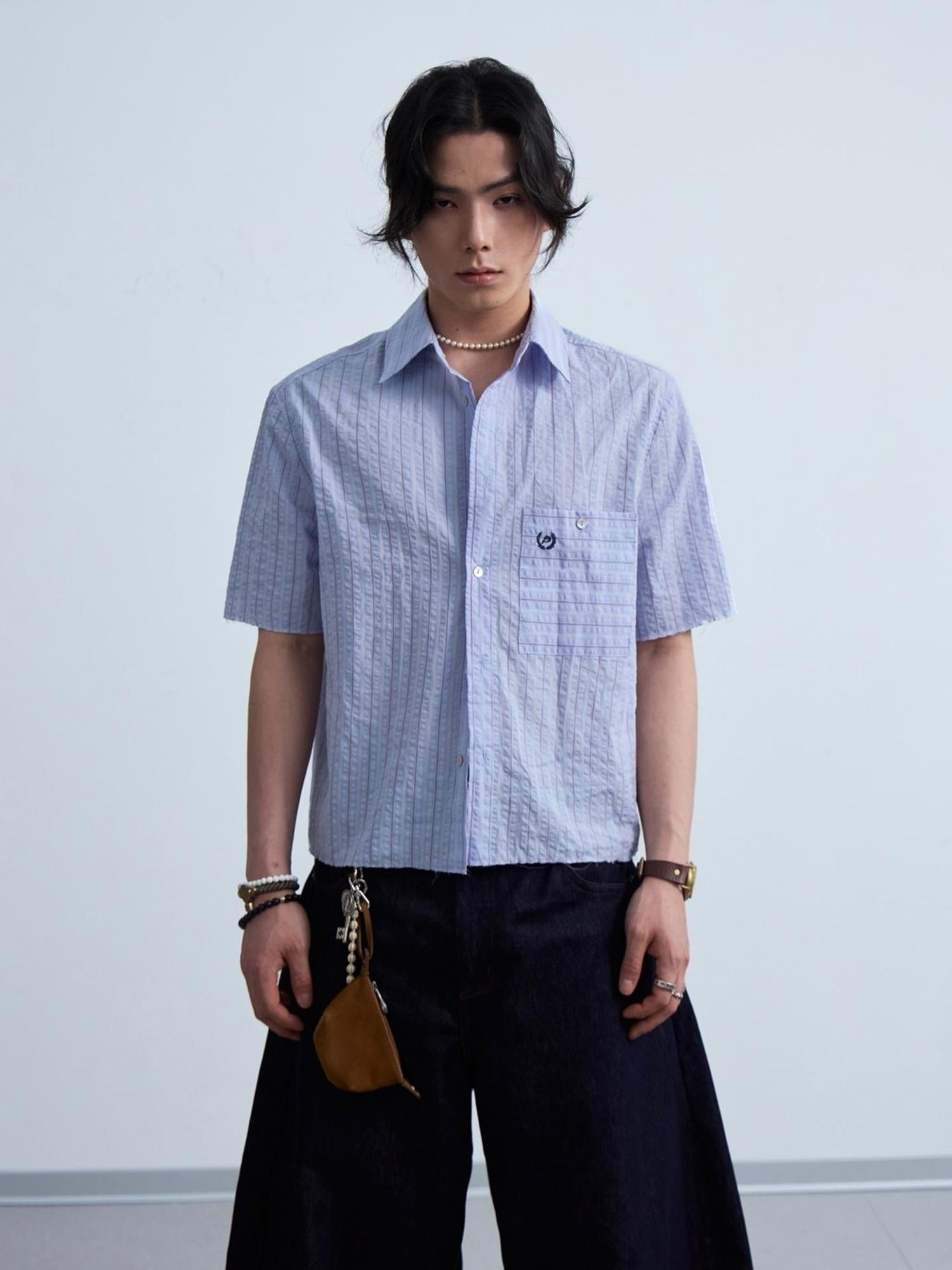Peoplesense Embroidered Striped Short Sleeve Shirt Unisex Loose Fit Light Blue