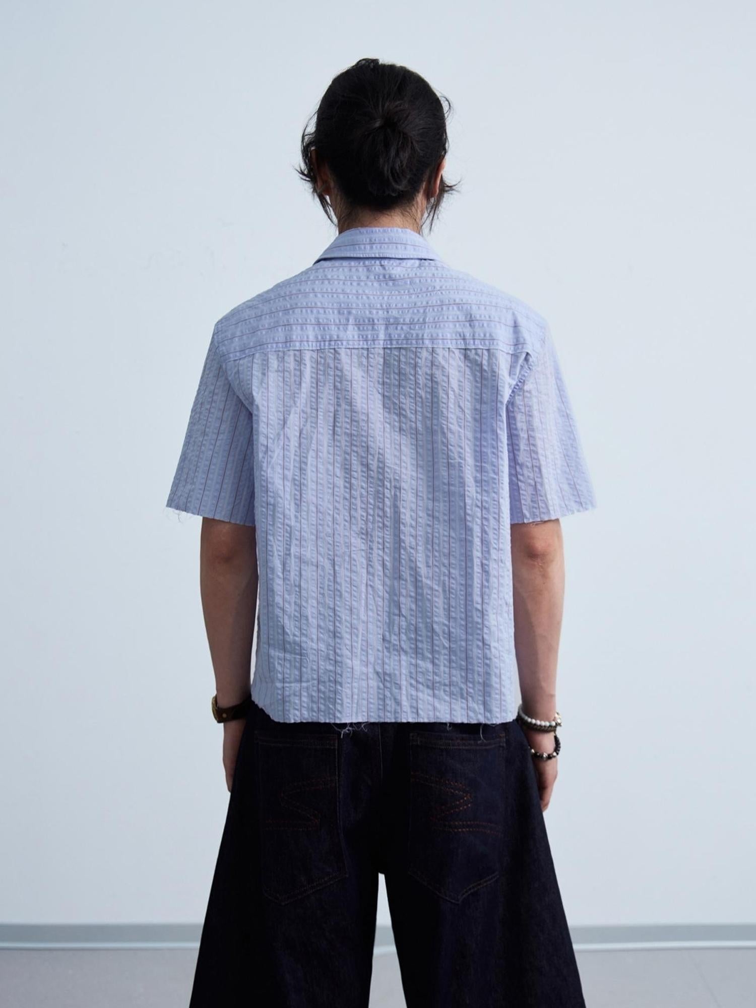 Peoplesense Embroidered Striped Short Sleeve Shirt Unisex Loose Fit Light Blue
