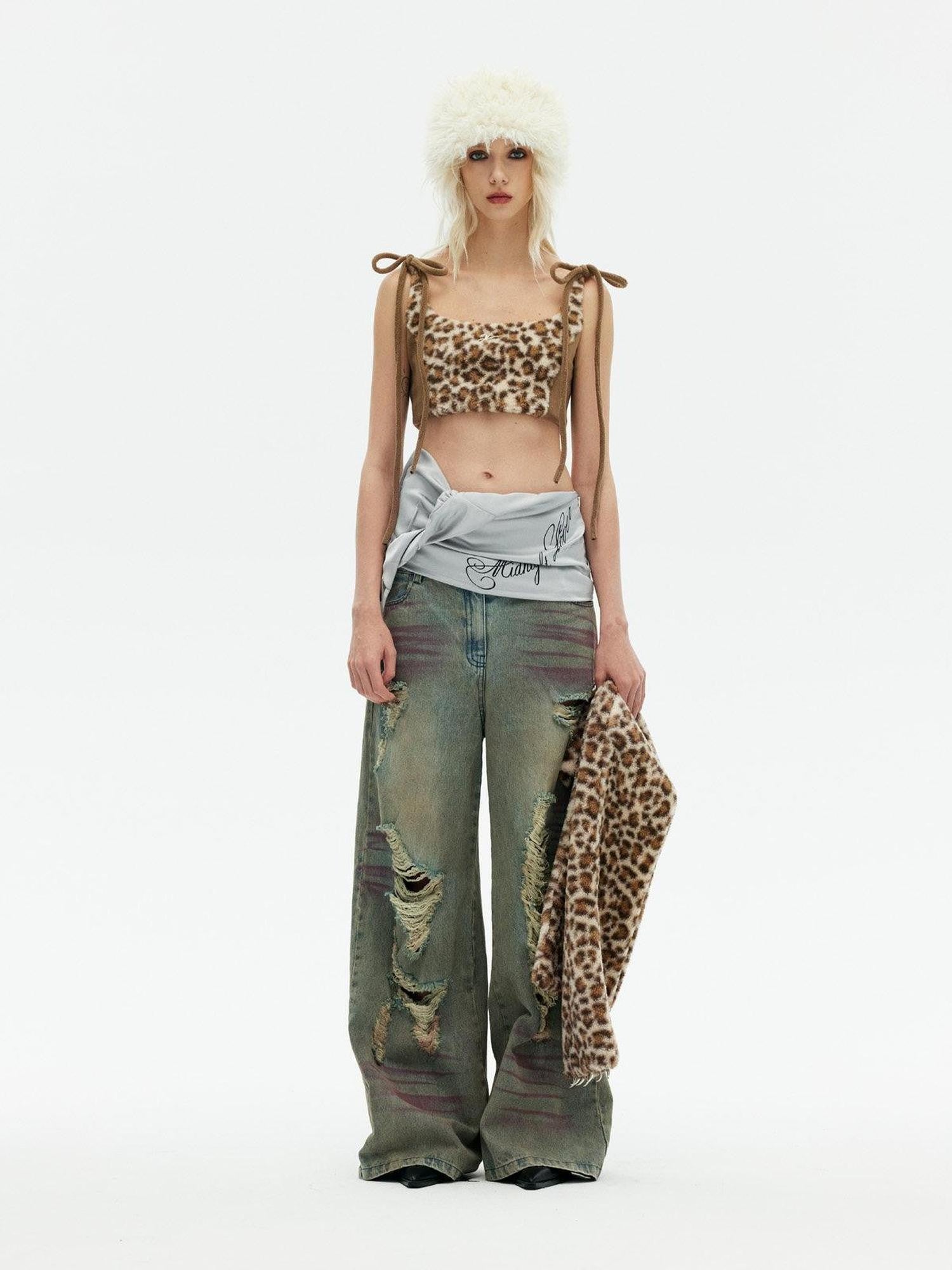 Emoha Apricot Leopard Embroidered Distressed Tie Women&