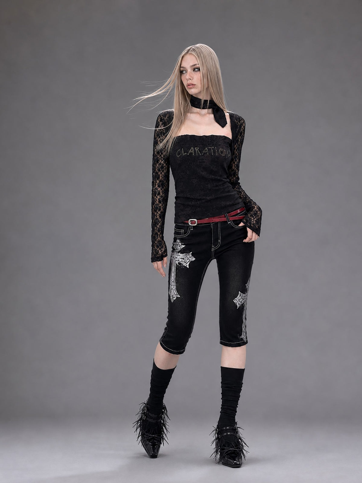 Emoha Black Gothic Punk Embroidered Metal Decor Slim Fit Women&
