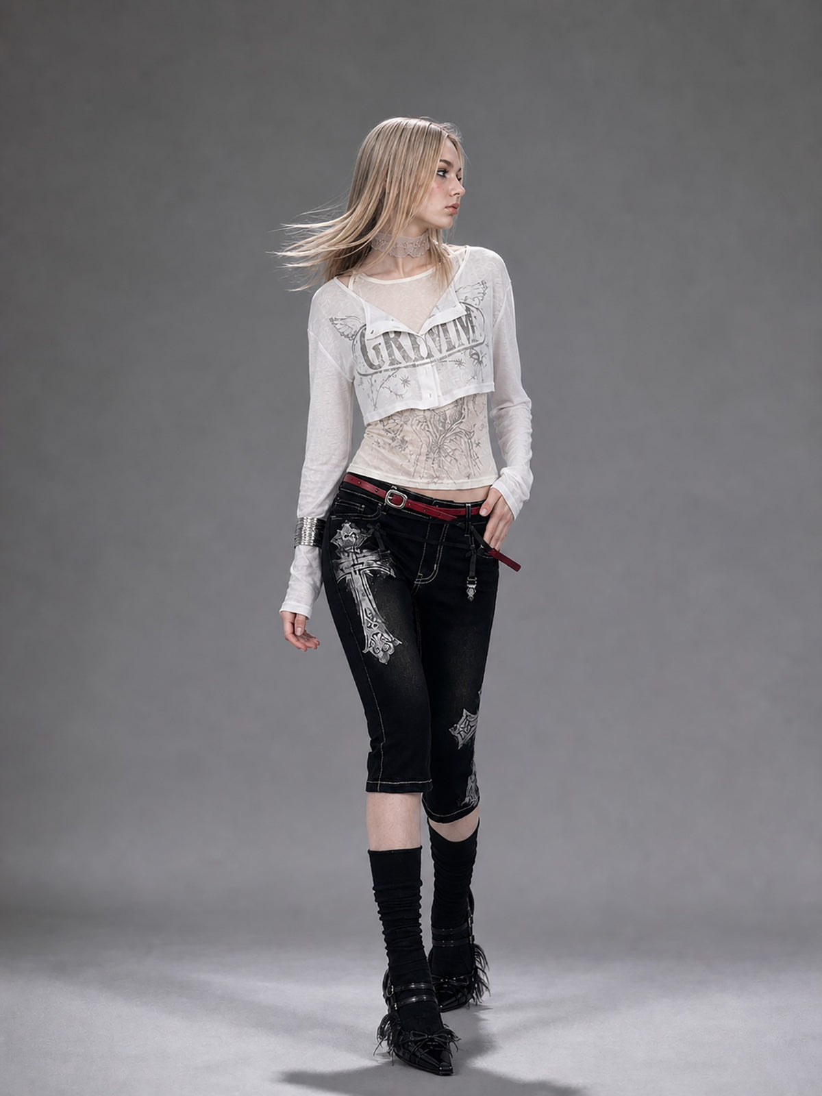 Emoha Black Gothic Punk Embroidered Metal Decor Slim Fit Women&