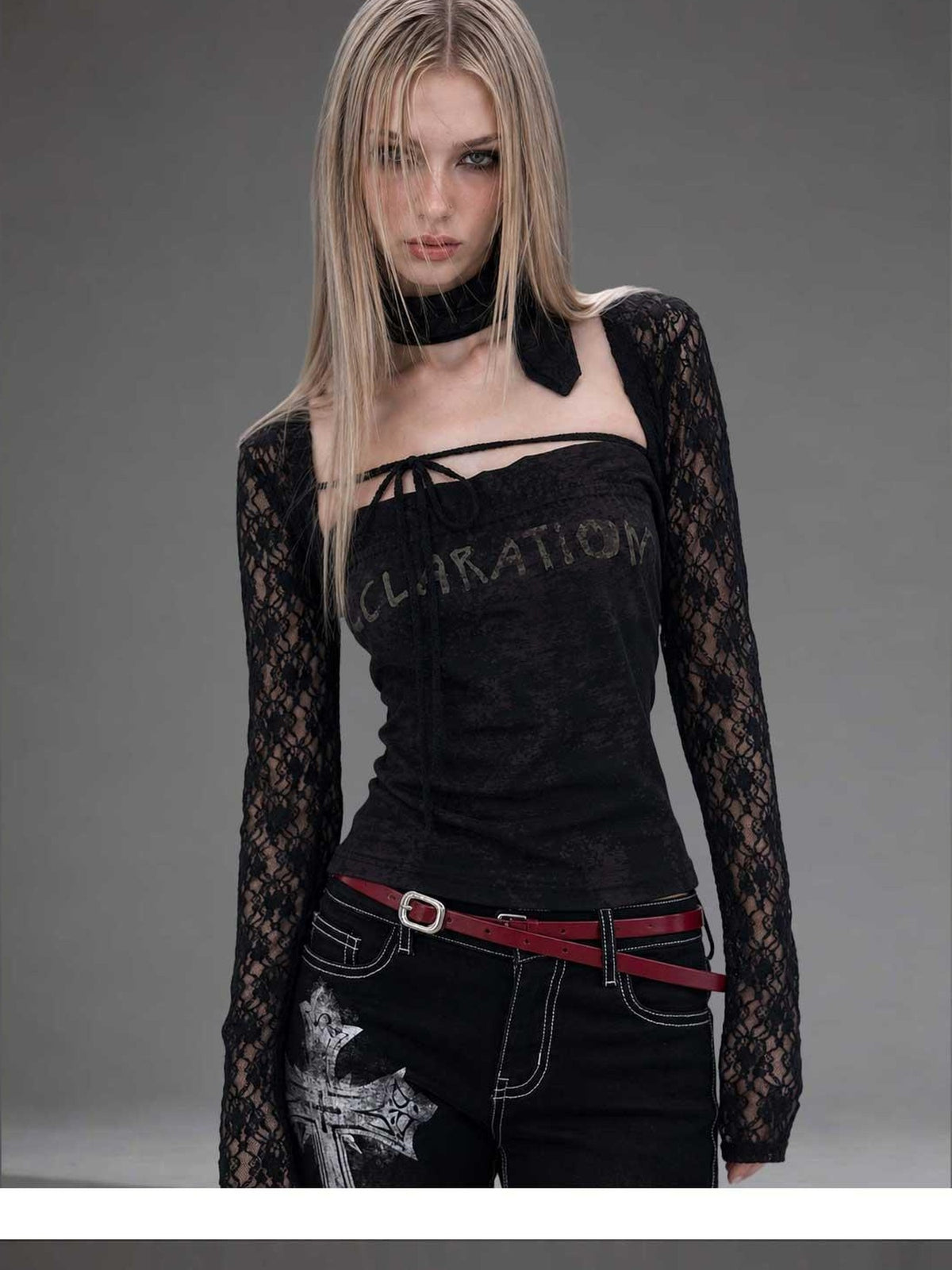 Emoha Black Lace Cutout Square Neck Letter Print Slim Women&