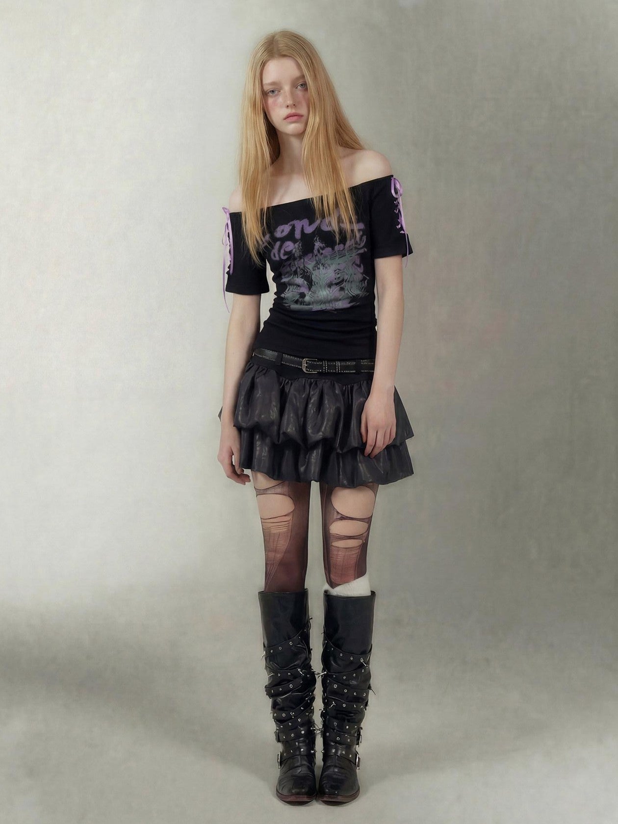 Emoha Black Lace Up One Shoulder Letter Print Women&
