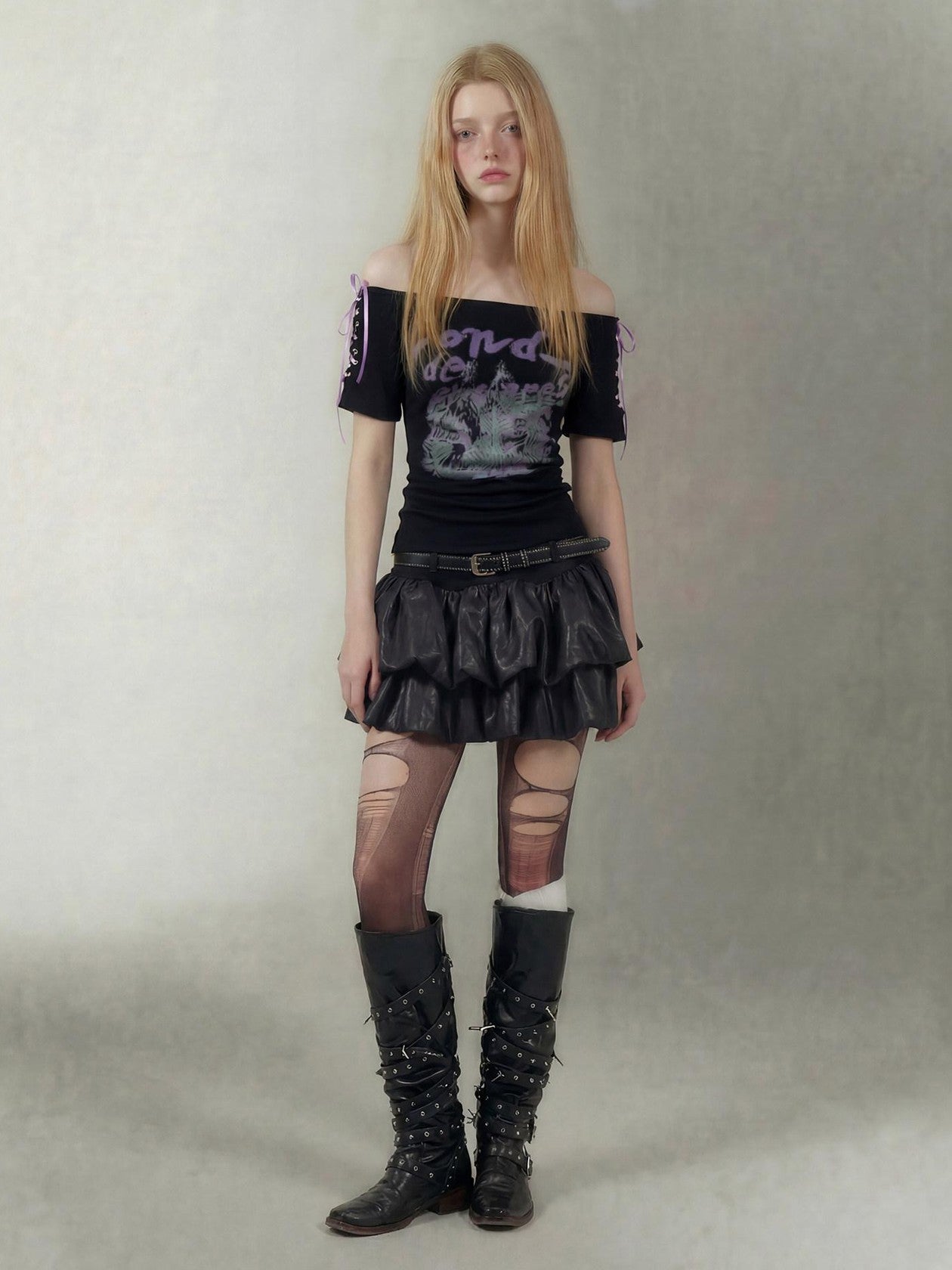 Emoha Black Lace Up One Shoulder Letter Print Women&