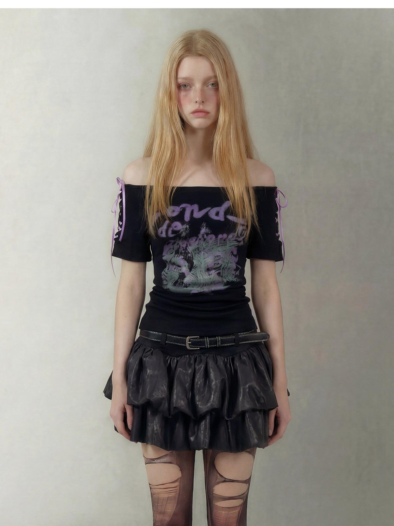 Emoha Black Lace Up One Shoulder Letter Print Women&