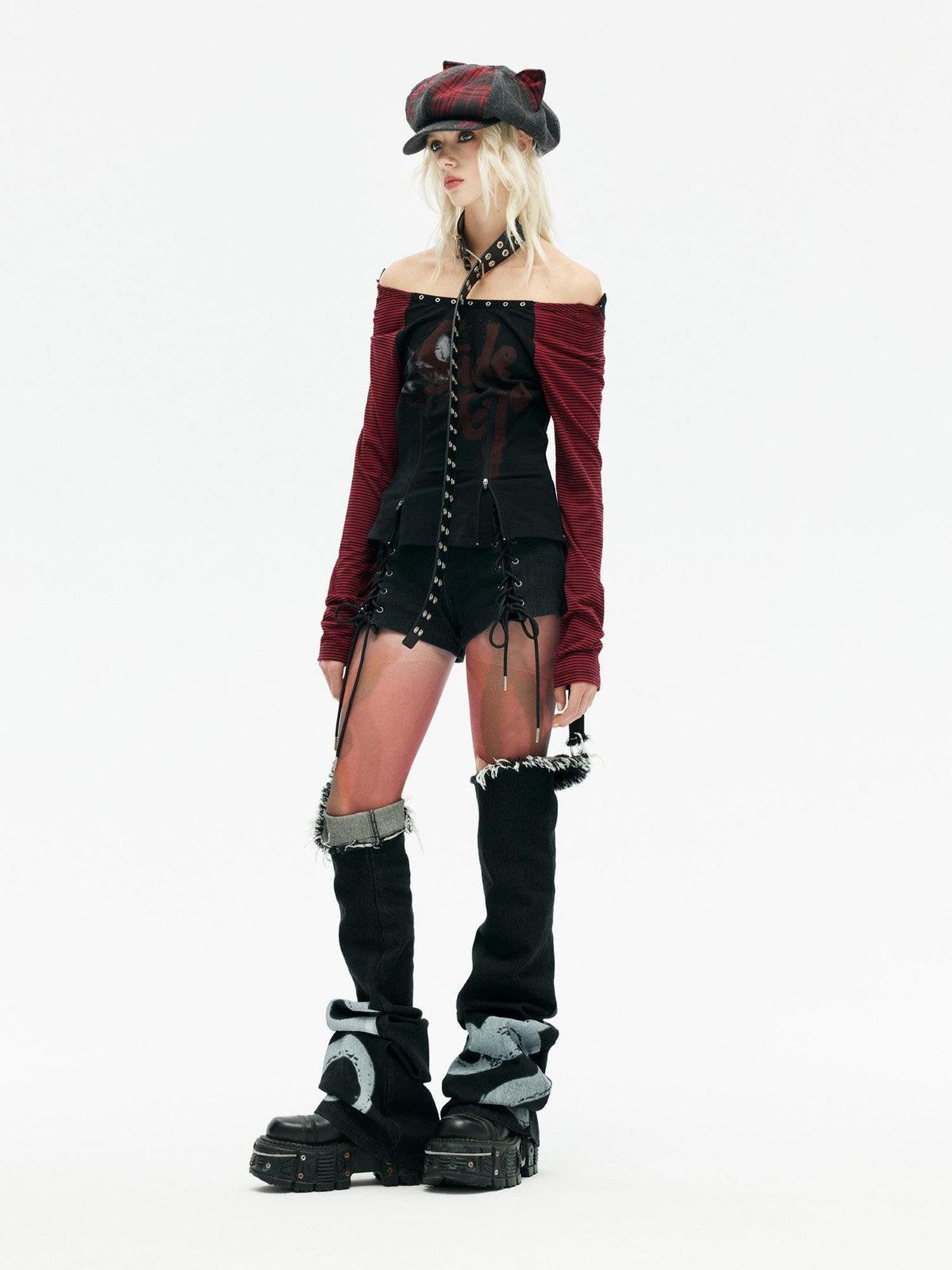 Emoha Black Red Stripe Punk One Shoulder Zipper Women&
