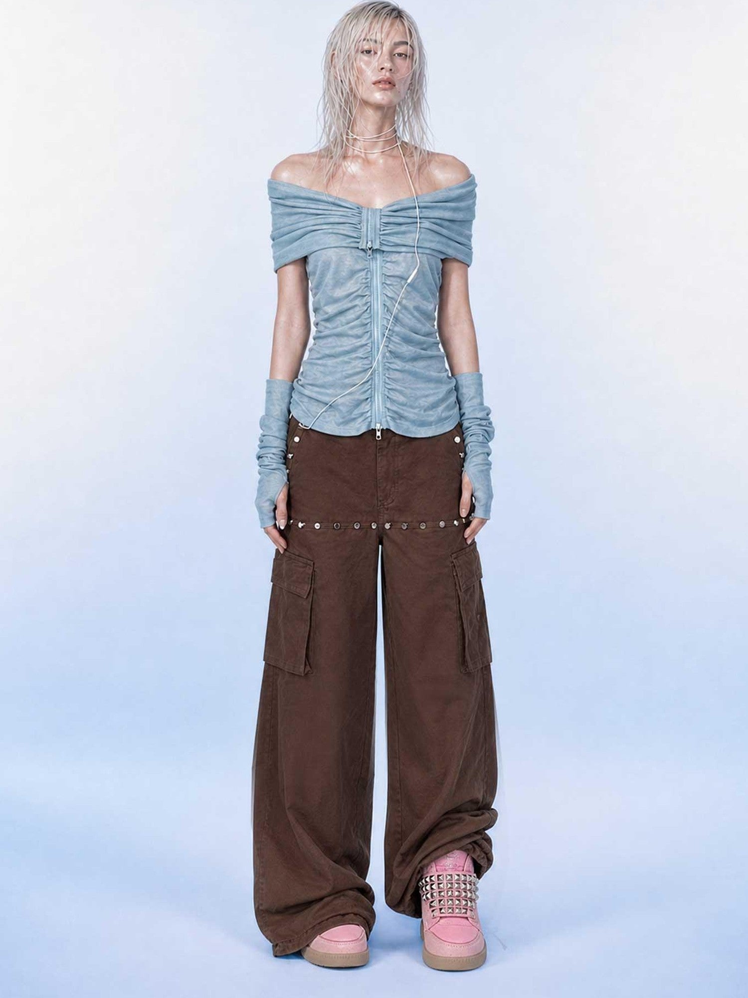 Emoha Brown Cargo Multi Pocket Studded Curved Women&