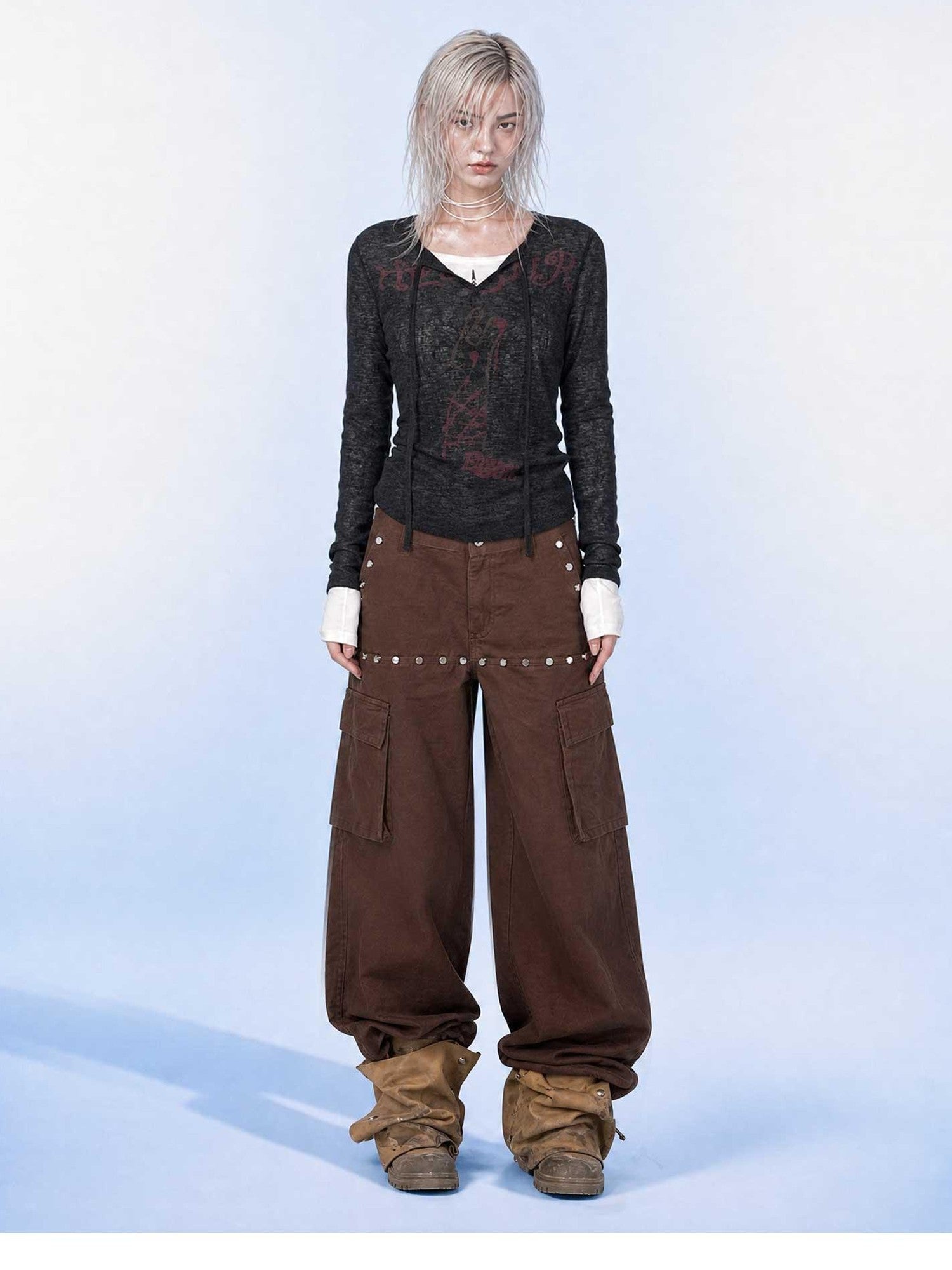 Emoha Brown Cargo Multi Pocket Studded Curved Women&