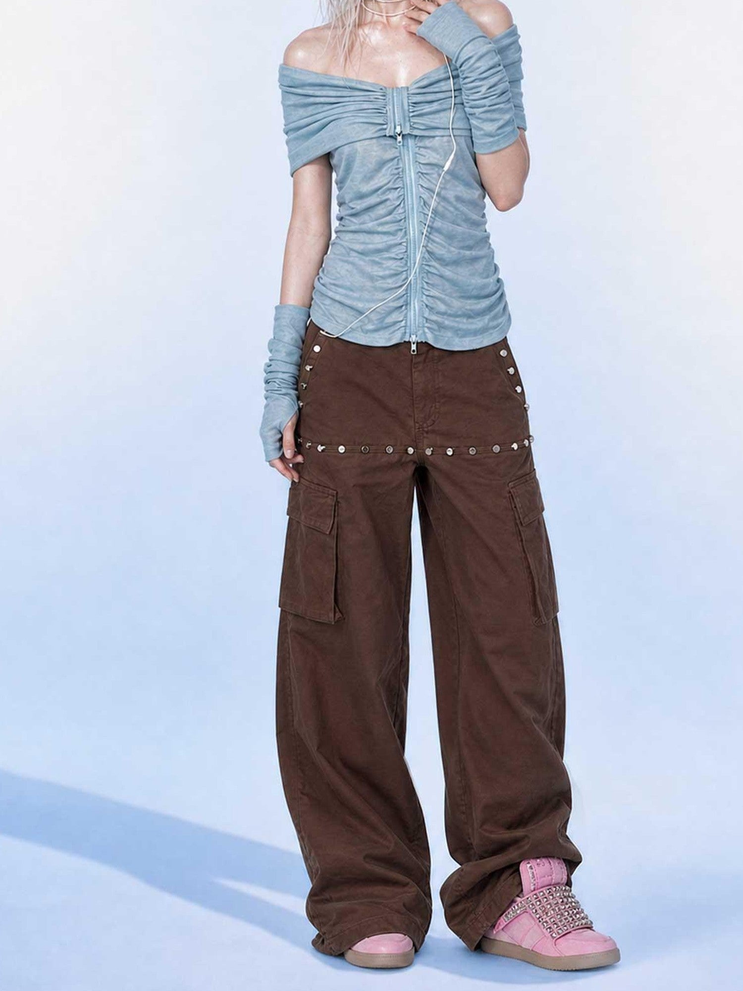 Emoha Brown Cargo Multi Pocket Studded Curved Women&